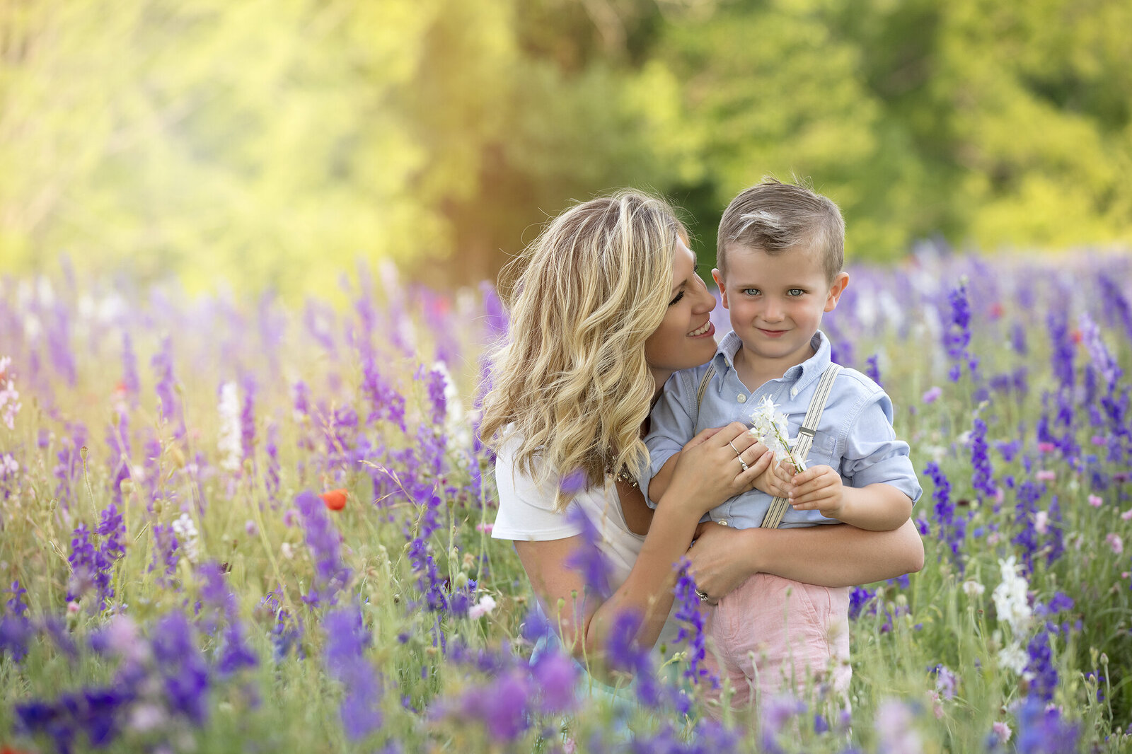 Mother and son playing with wildflowers, Richardson family photographer