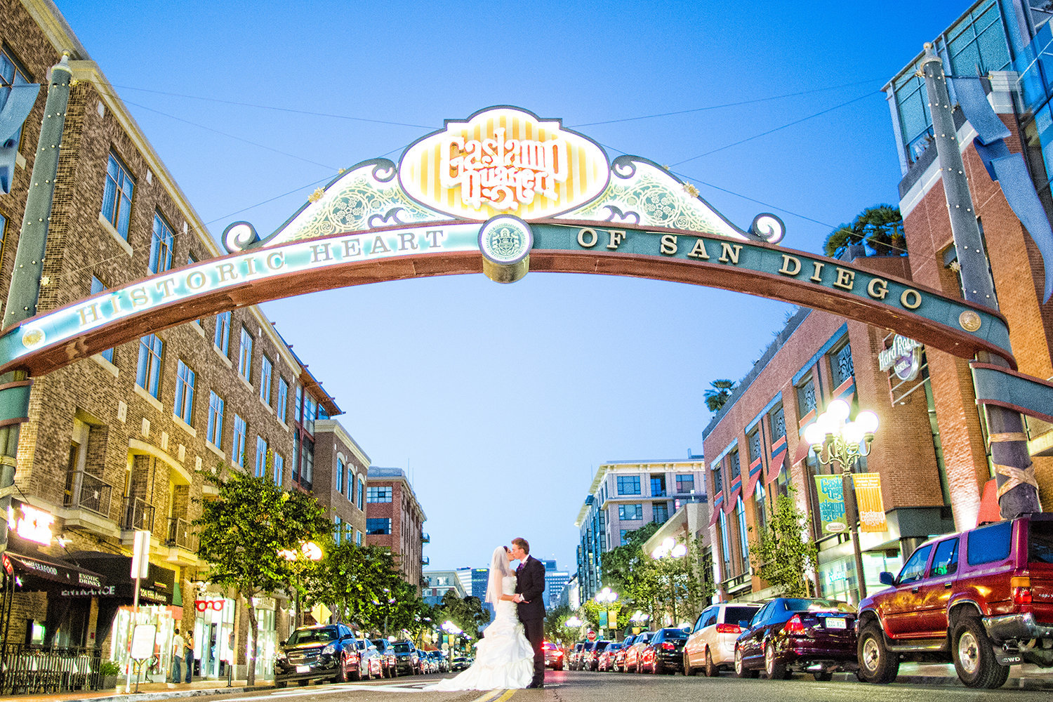Downtown Gaslamp Twilight Wedding Portrait in San Diego