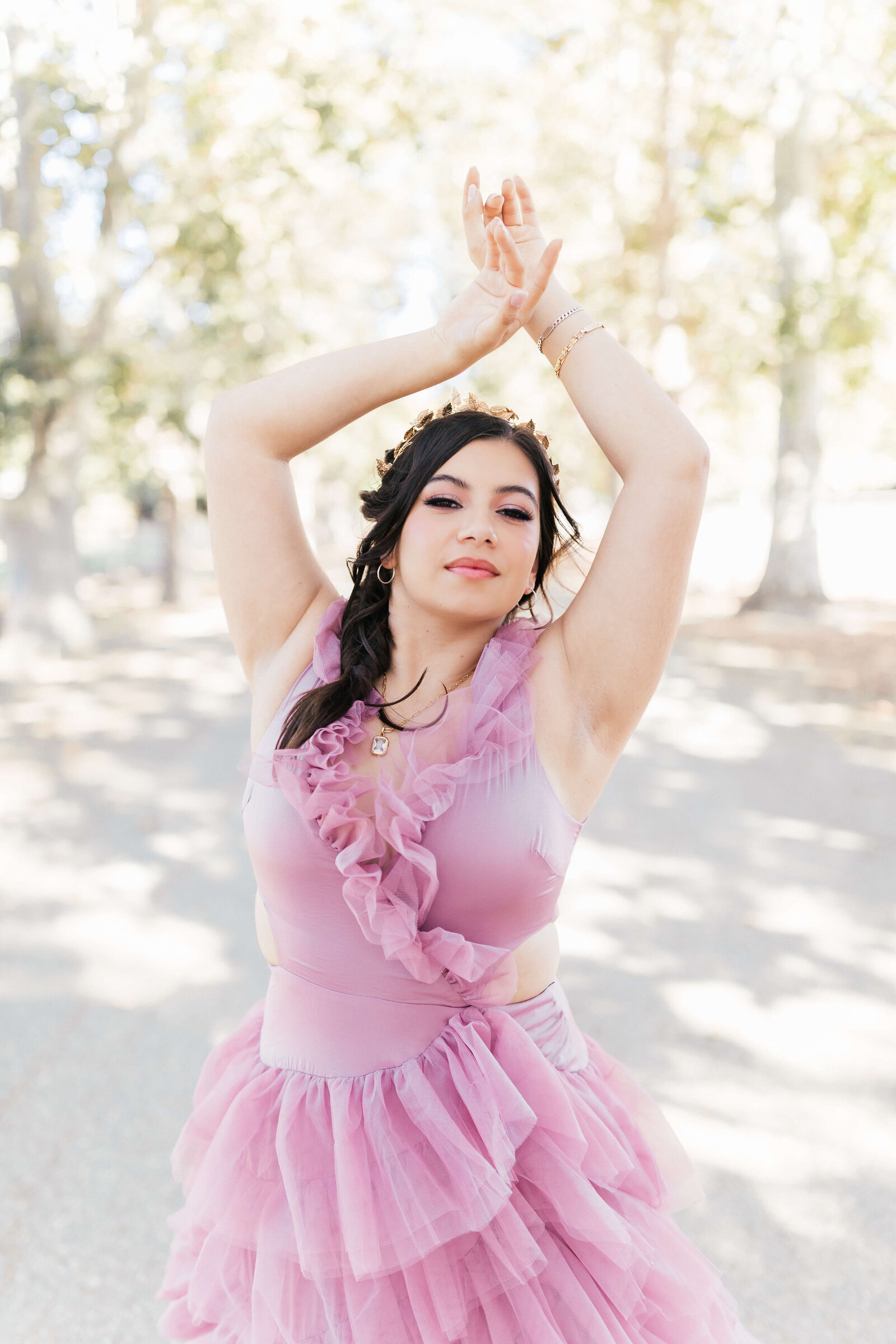 High school girl wearing whimsical flowy dress senior photo session