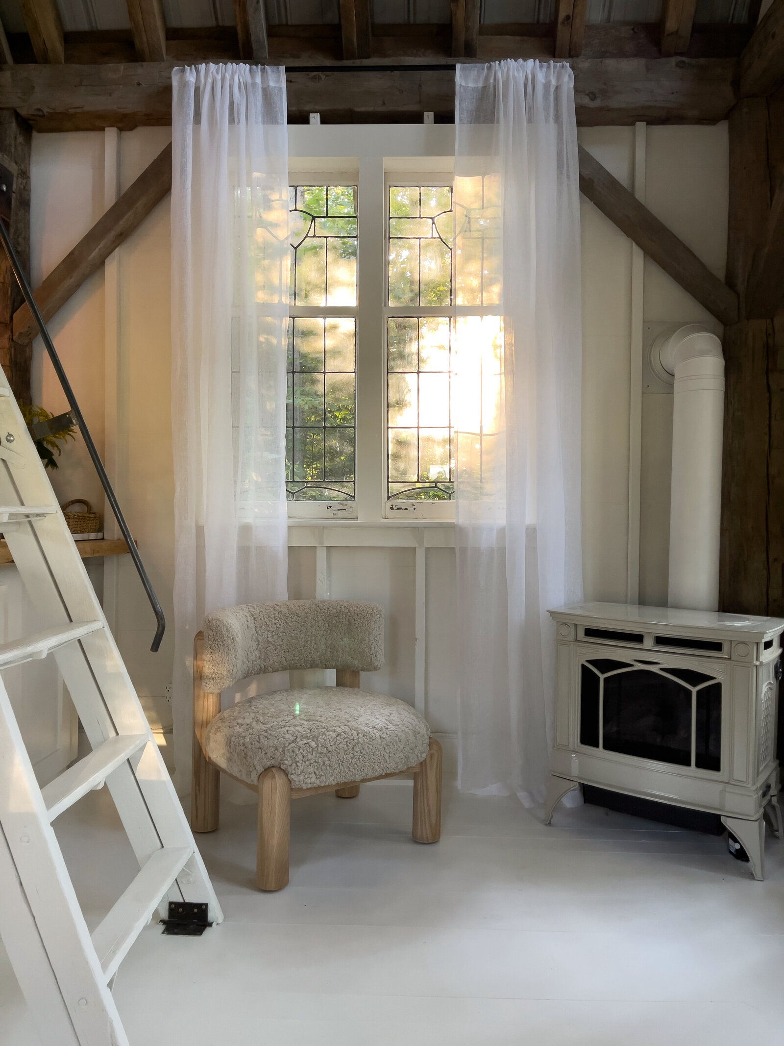 cabin linen curtains and fireplace