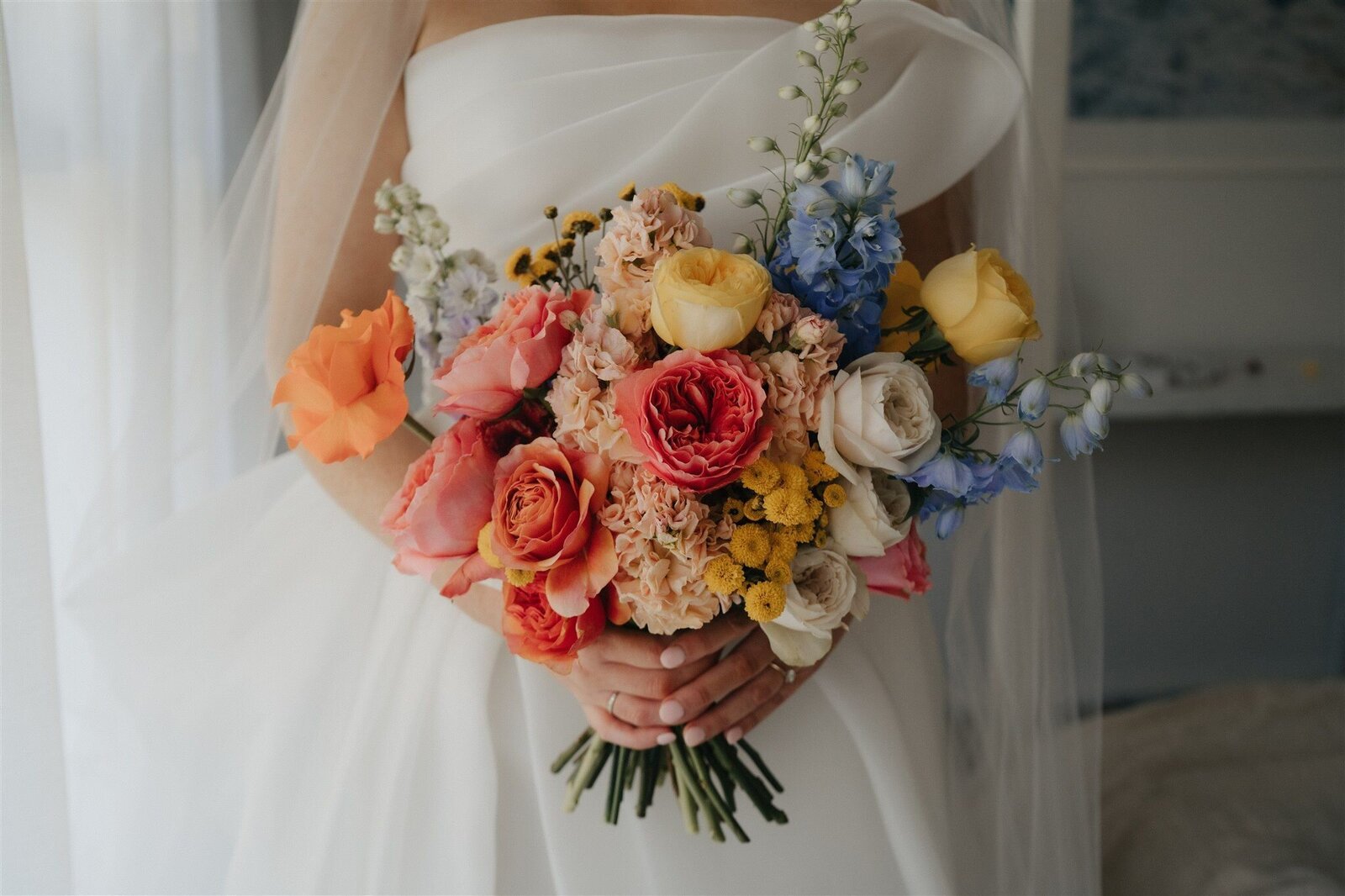 Colourful bridal bouquet in modern style
