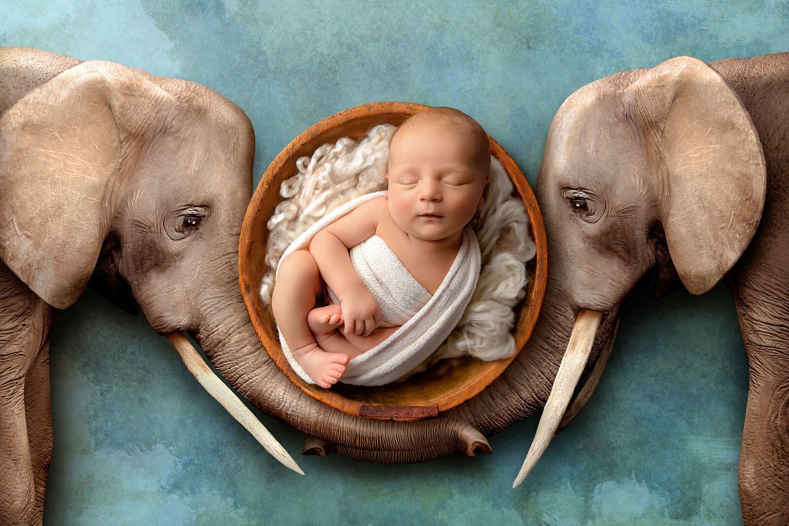 newborn with elephants background