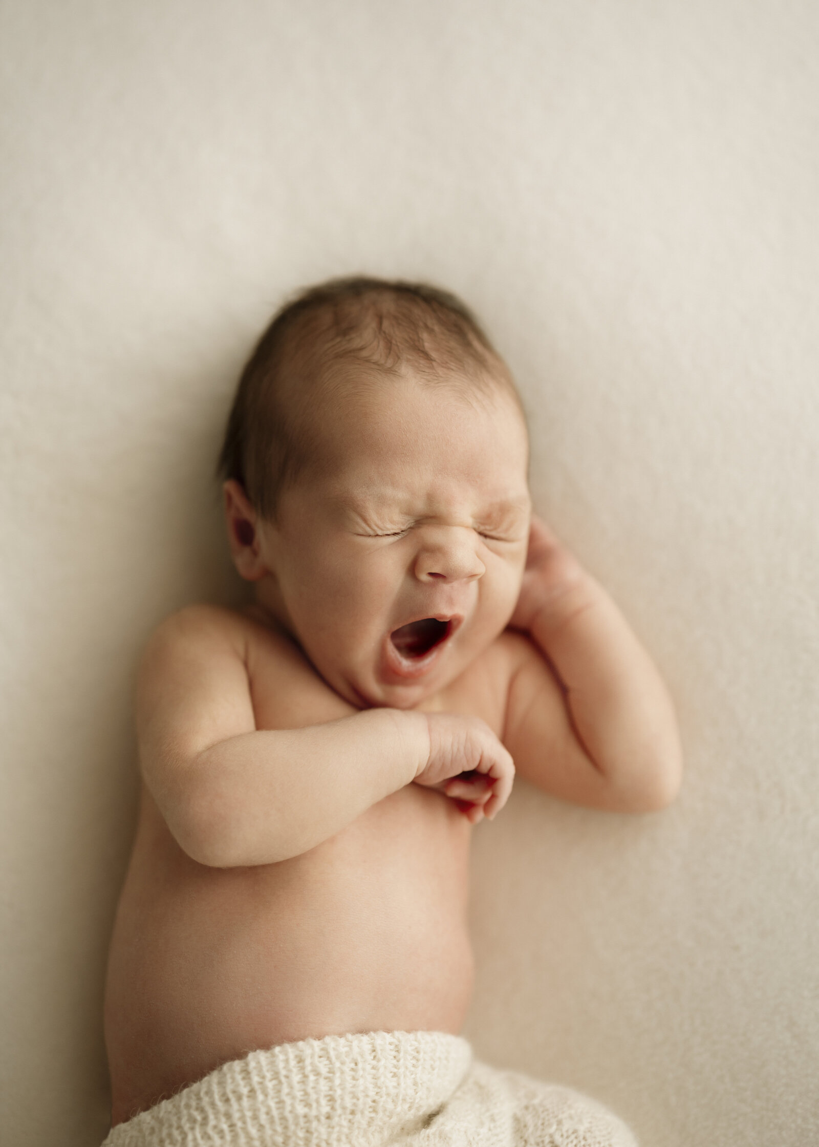 A peaceful and elegant Perth newborn studio photography session, highlighting the bond between baby and parents.