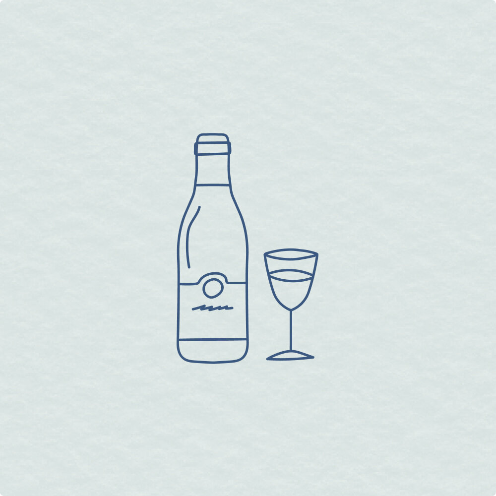 Illustration of a wine bottle and glass of wine.