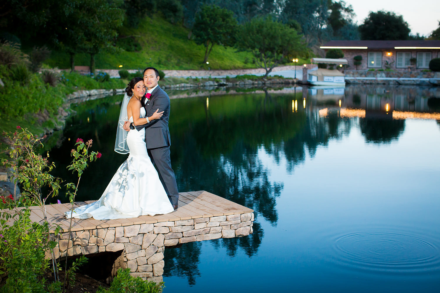 romantic lake shot bride and groom