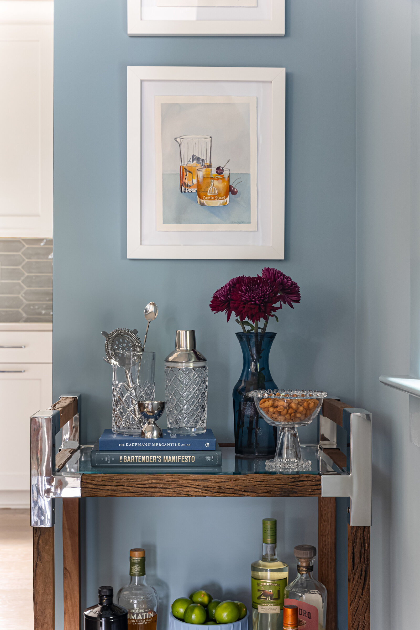 melinda chesson interiors blue bar cart area