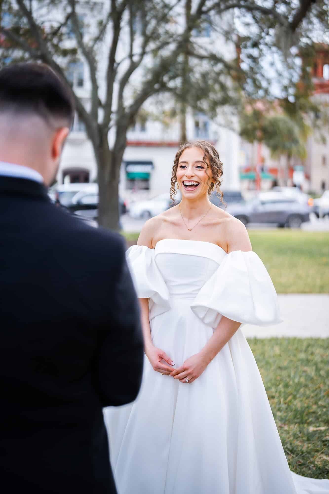 bride reaction during first look at Casa Monica Wedding venue in St Augustine