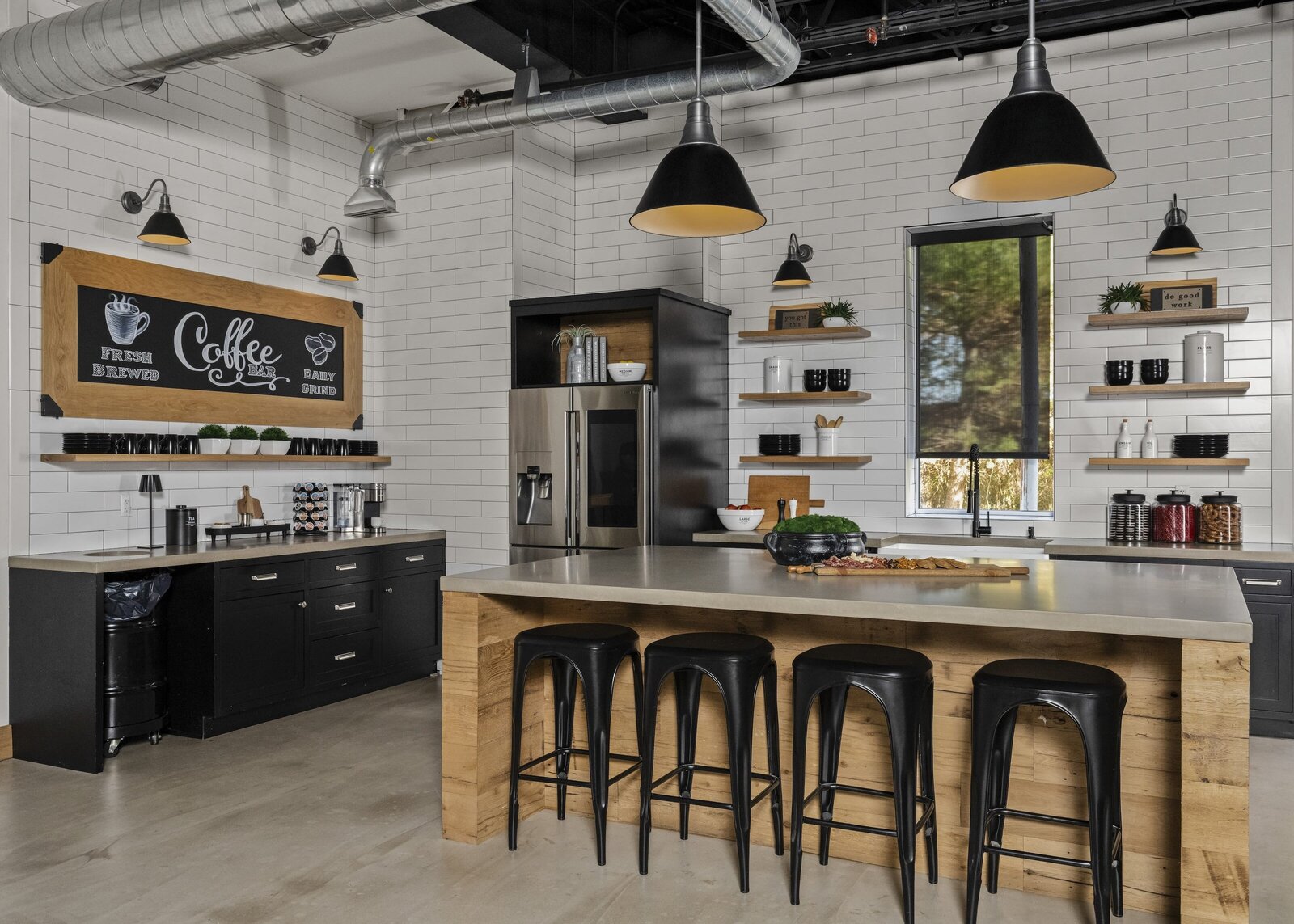candra lynn interiors old bridge project kitchen space with black and wooden accents and white titled walls