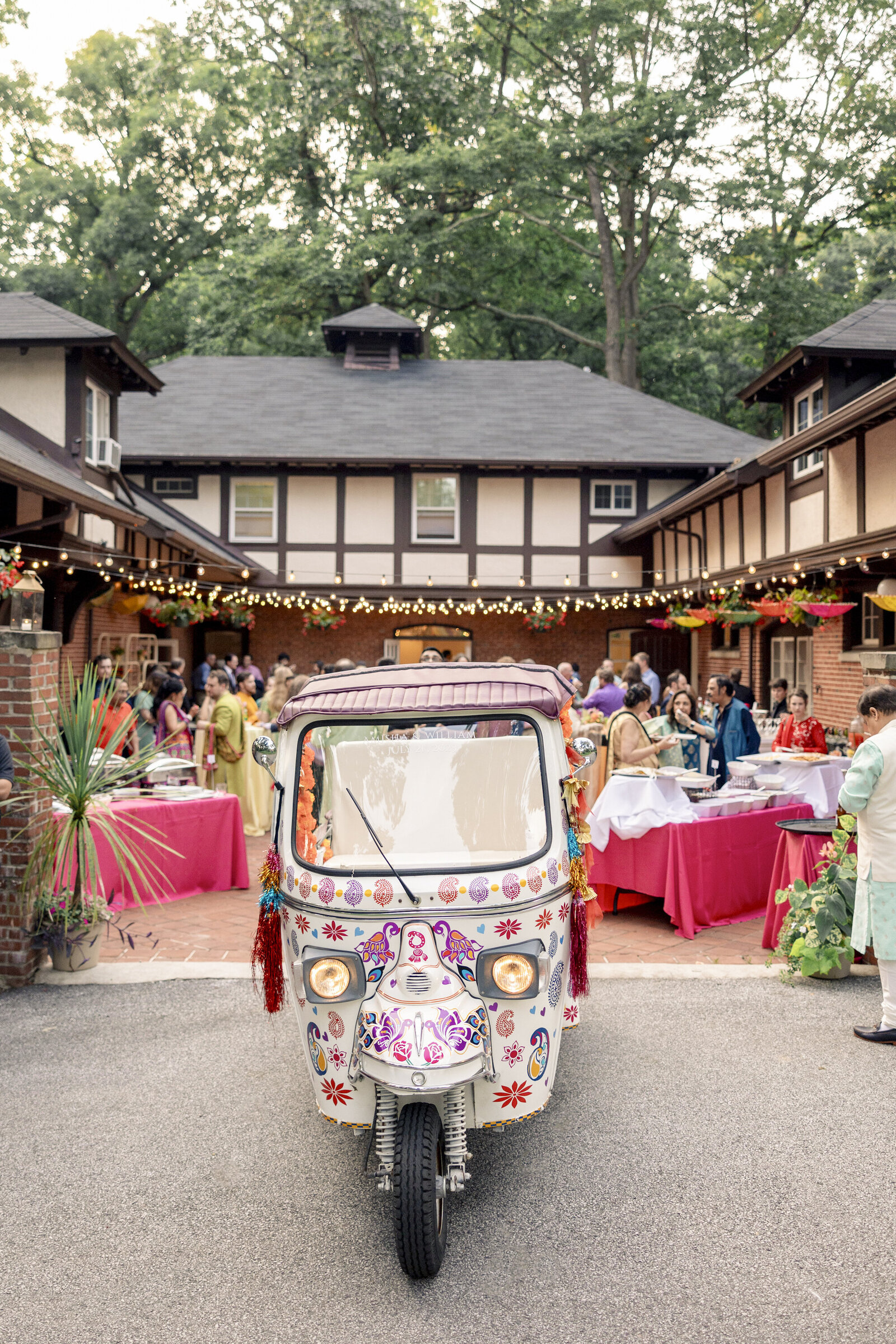 Decorated rickshaw parked in front of the courtyard at Gramercy Mansion Sangeet.