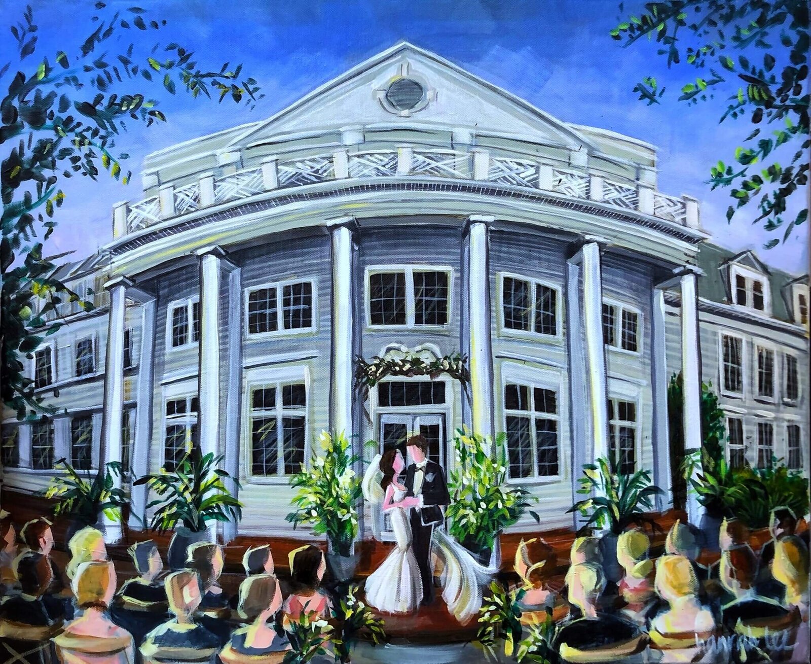 Aiken Live Wedding Painting of first kiss at outdoor ceremony held at The Wilcox Wedding Venue - Elsey - Alexandra Madison Weddings