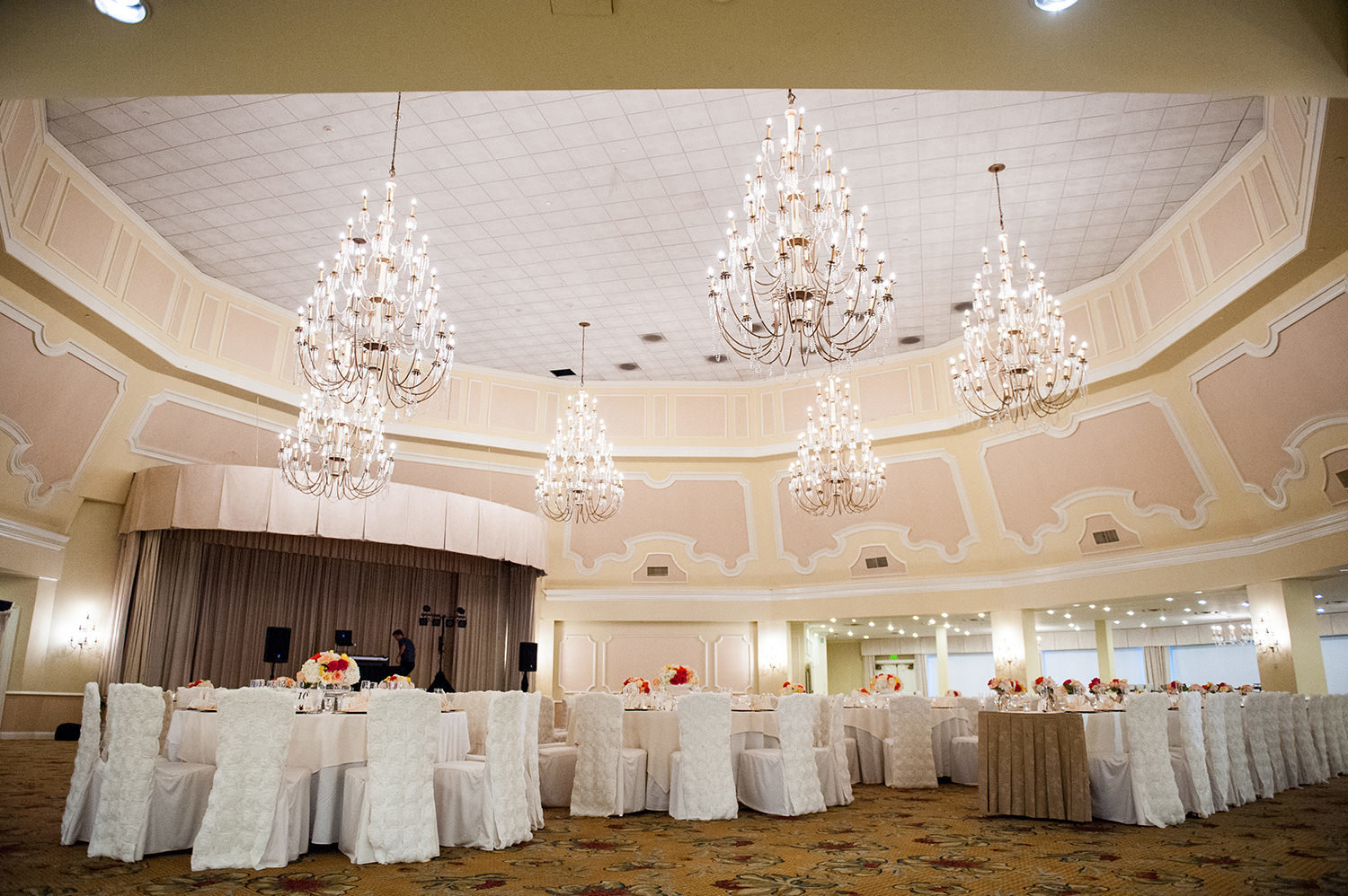 Incredible chandeliers and reception setting at the Hotel Del Coronado in San Diego