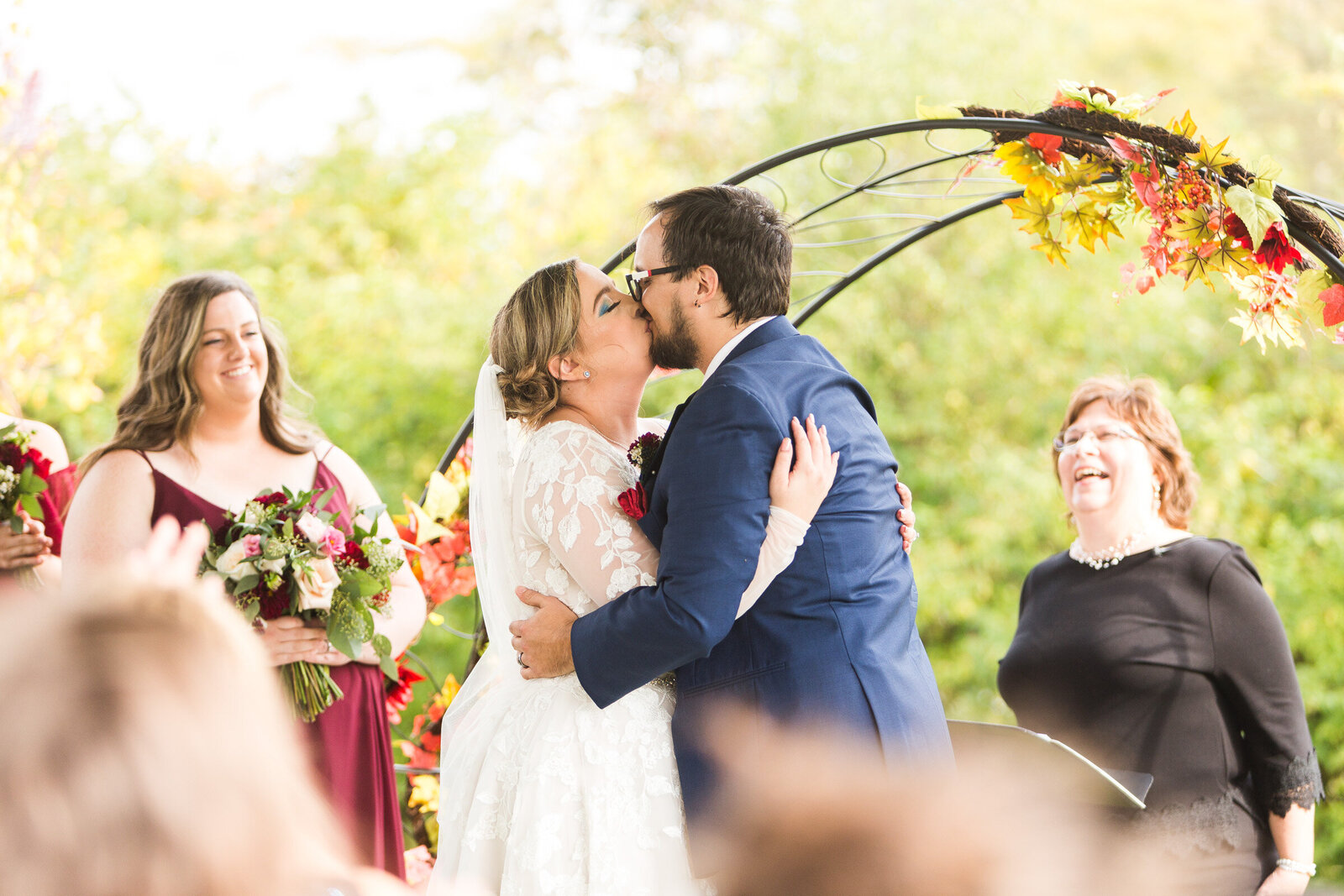 first kiss at micro wedding bride and groom ohio