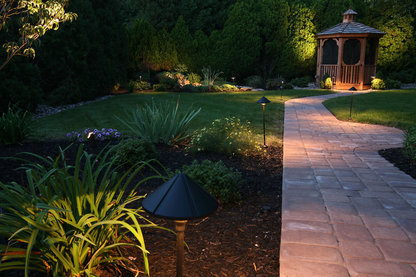 A tranquil, low-maintenance front yard designed for busy homeowners, complete with water-efficient irrigation and vibrant, easy-to-care-for plants.