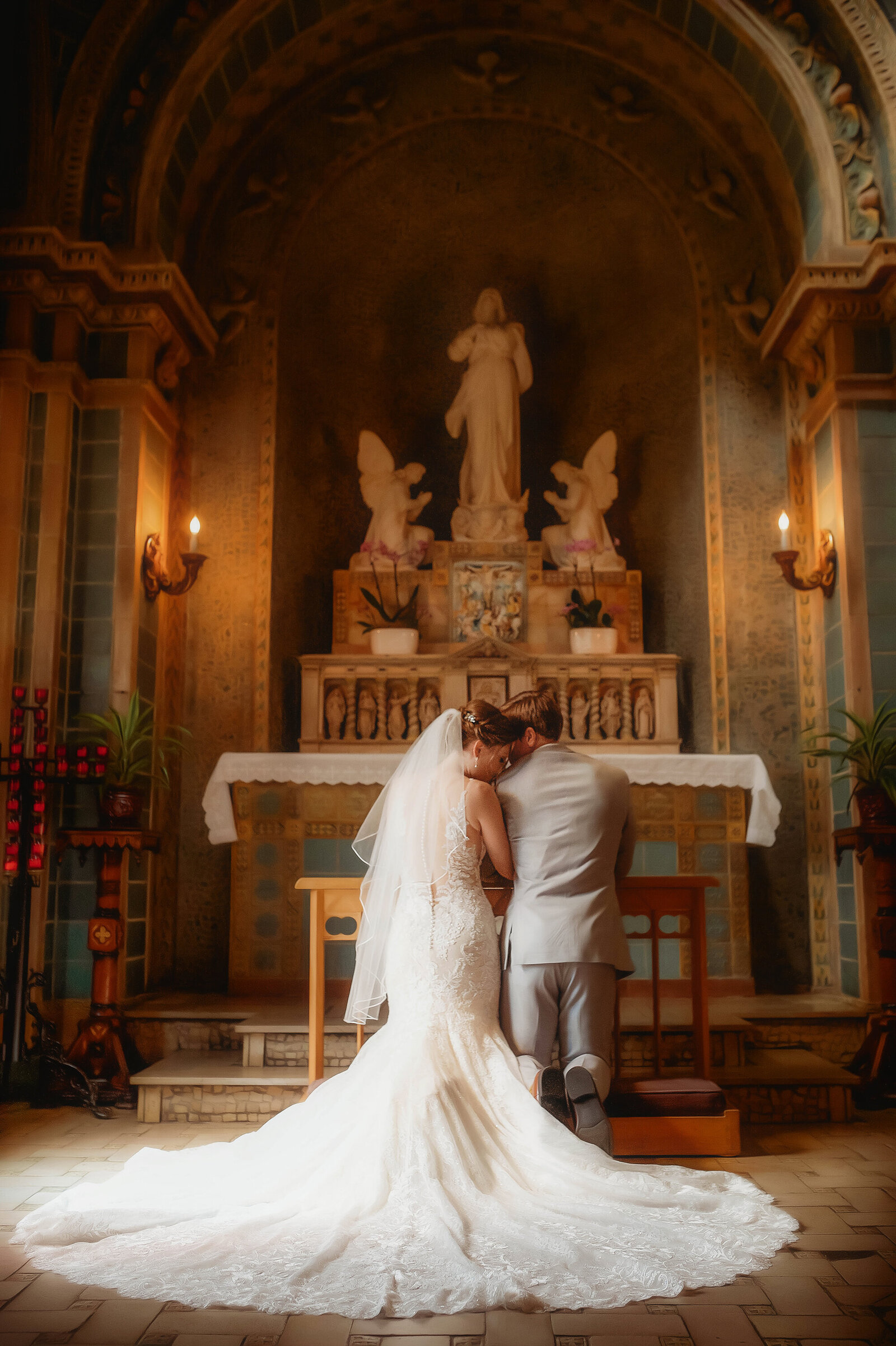 Newlyweds pose for Wedding Photos at Basilica of Saint Lawrence in Asheville, NC.