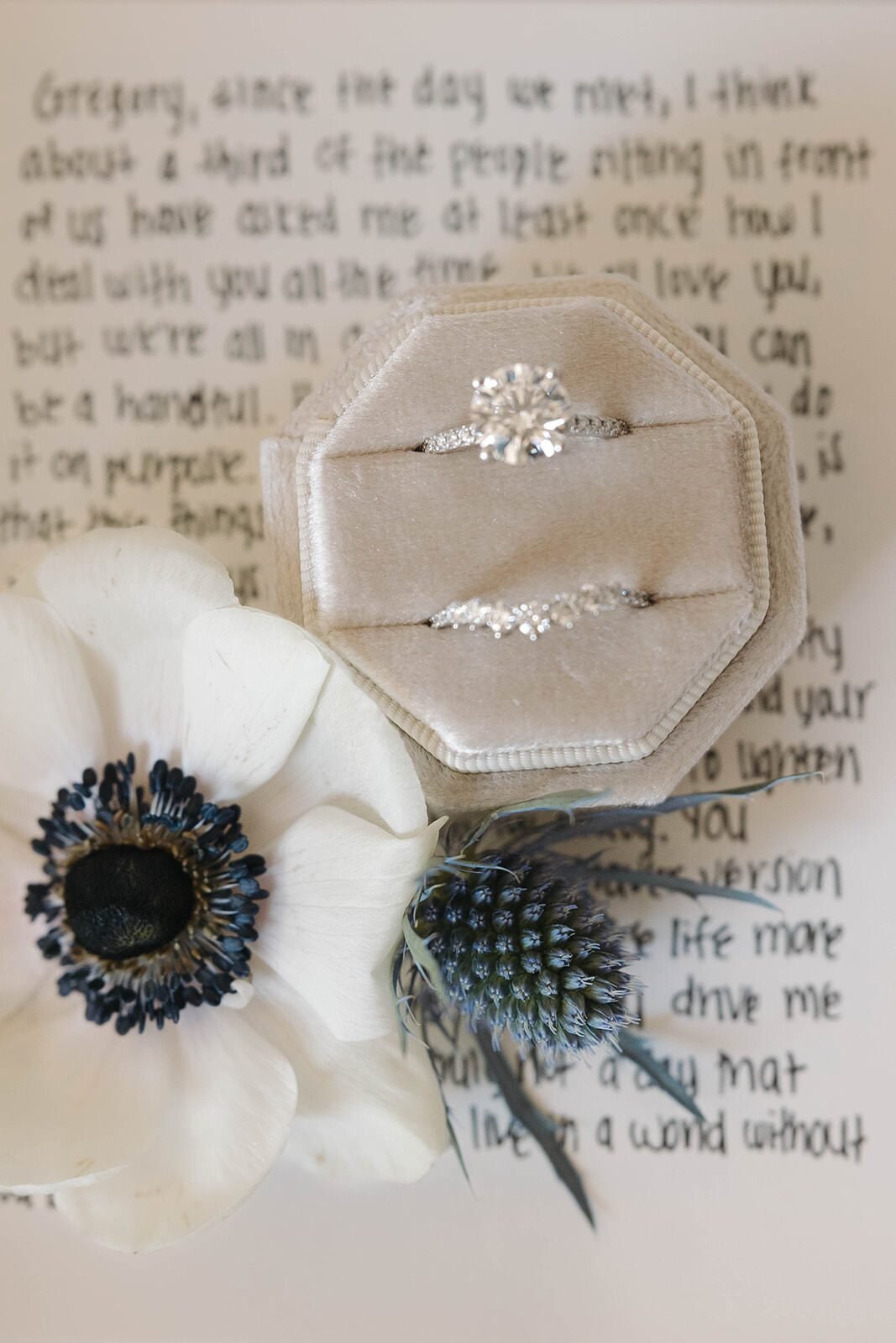 Handwritten letter with the wedding rings and anemones