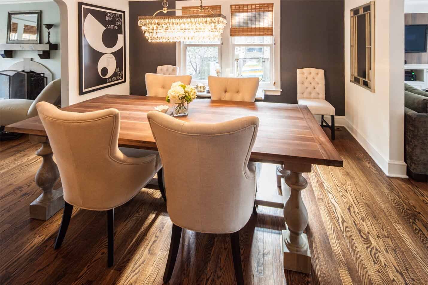 Modern luxury dining room design with tufted chairs and rectangular chandelier