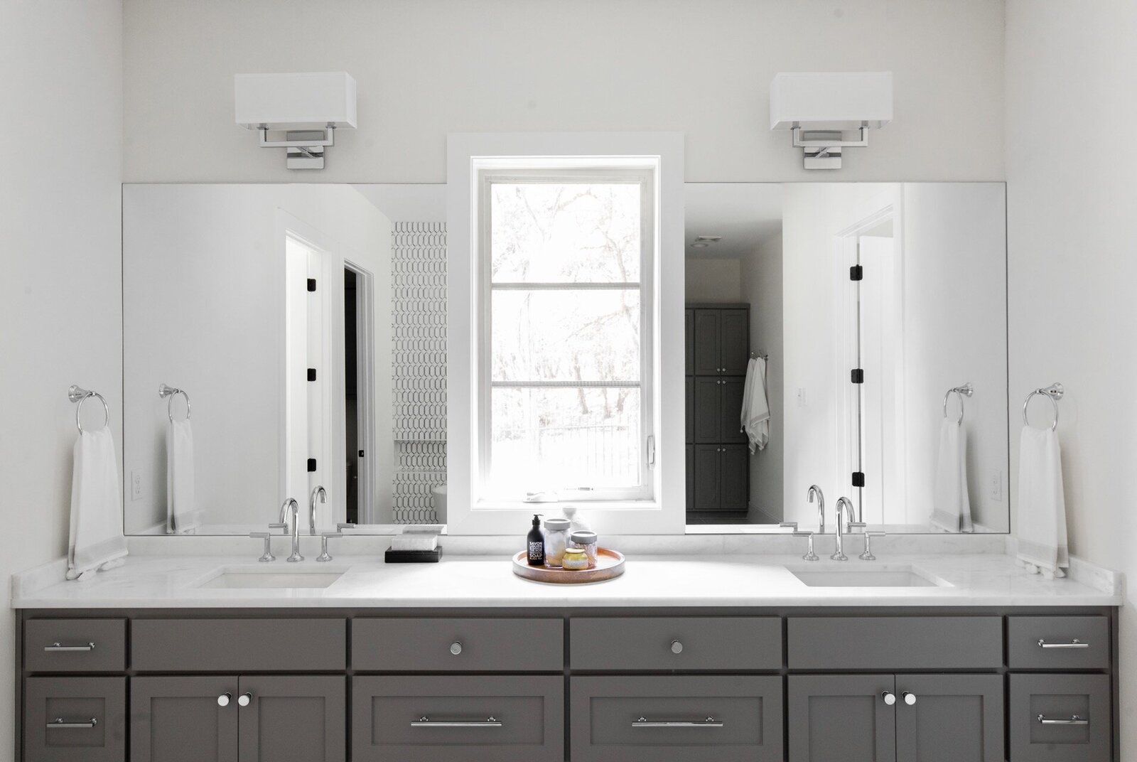 Nuela Designs Gray Cabinets bathroom