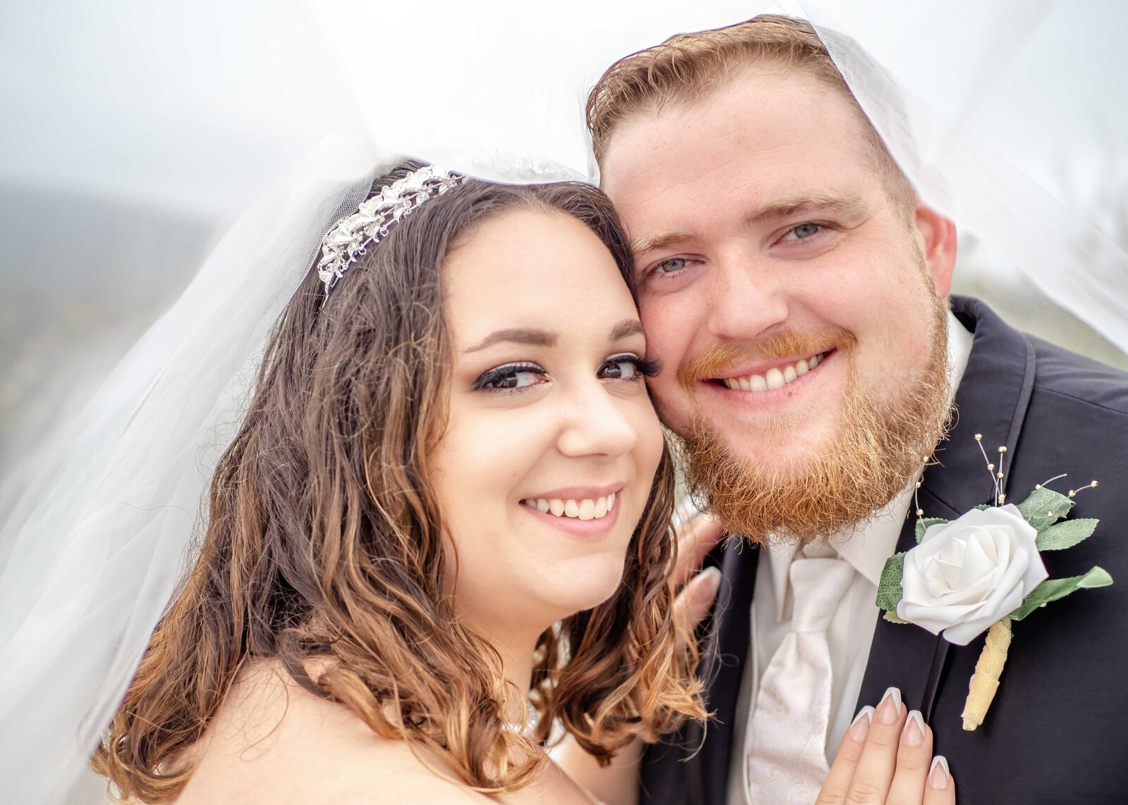 Close-up portrait of a joyful couple on their wedding day, showcasing smiles and love, captured in Wilmington, NC.