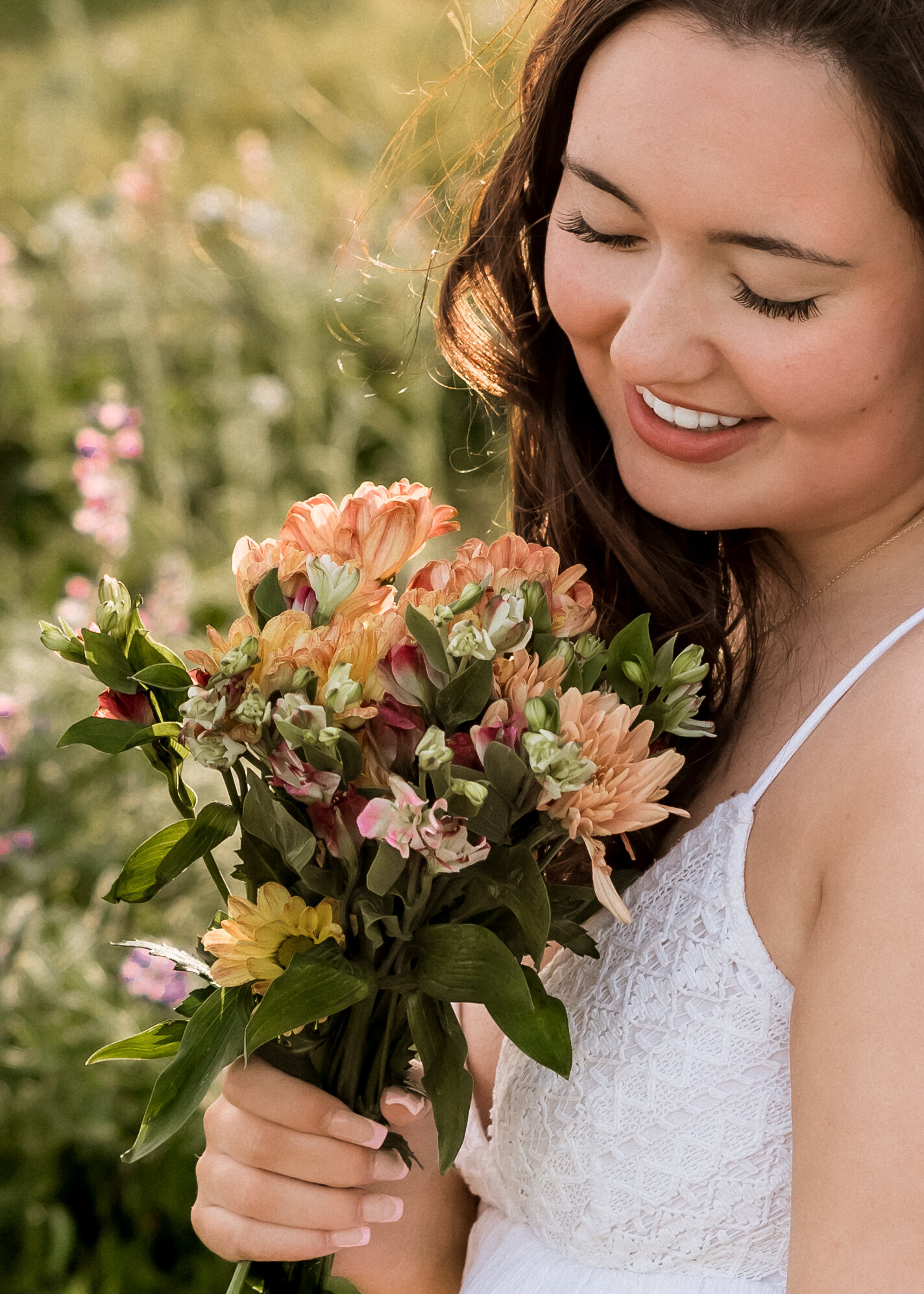 Girl with wildflowers at Tom McCall Viewpoint
