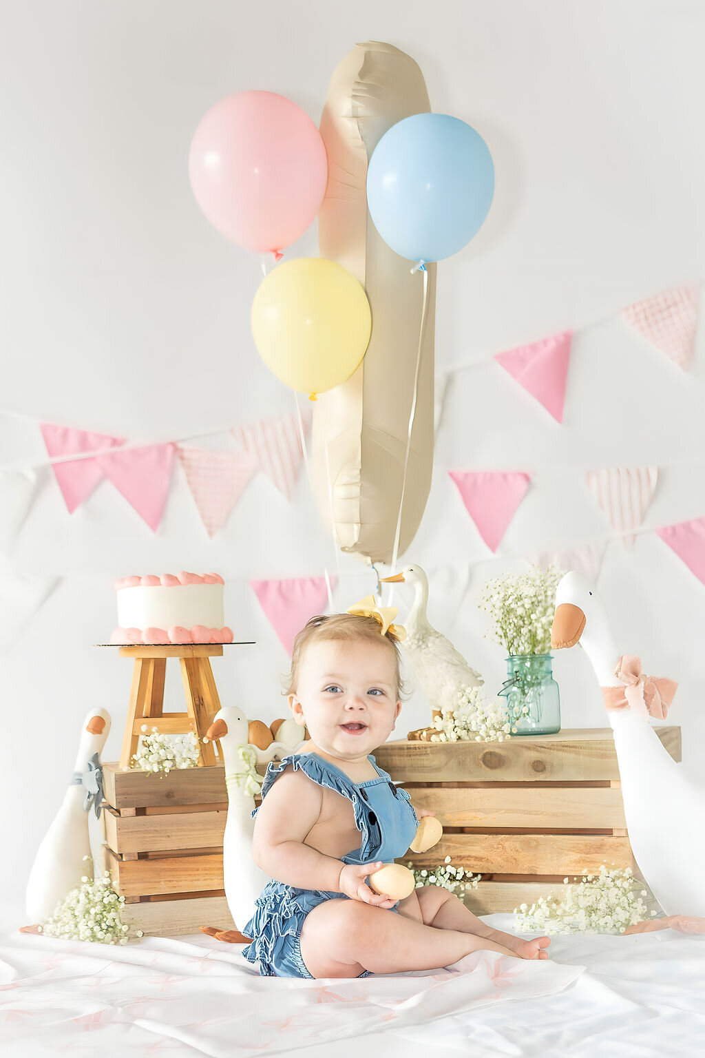 First birthday milestone photo session with props at a studio in Mooresville NC
