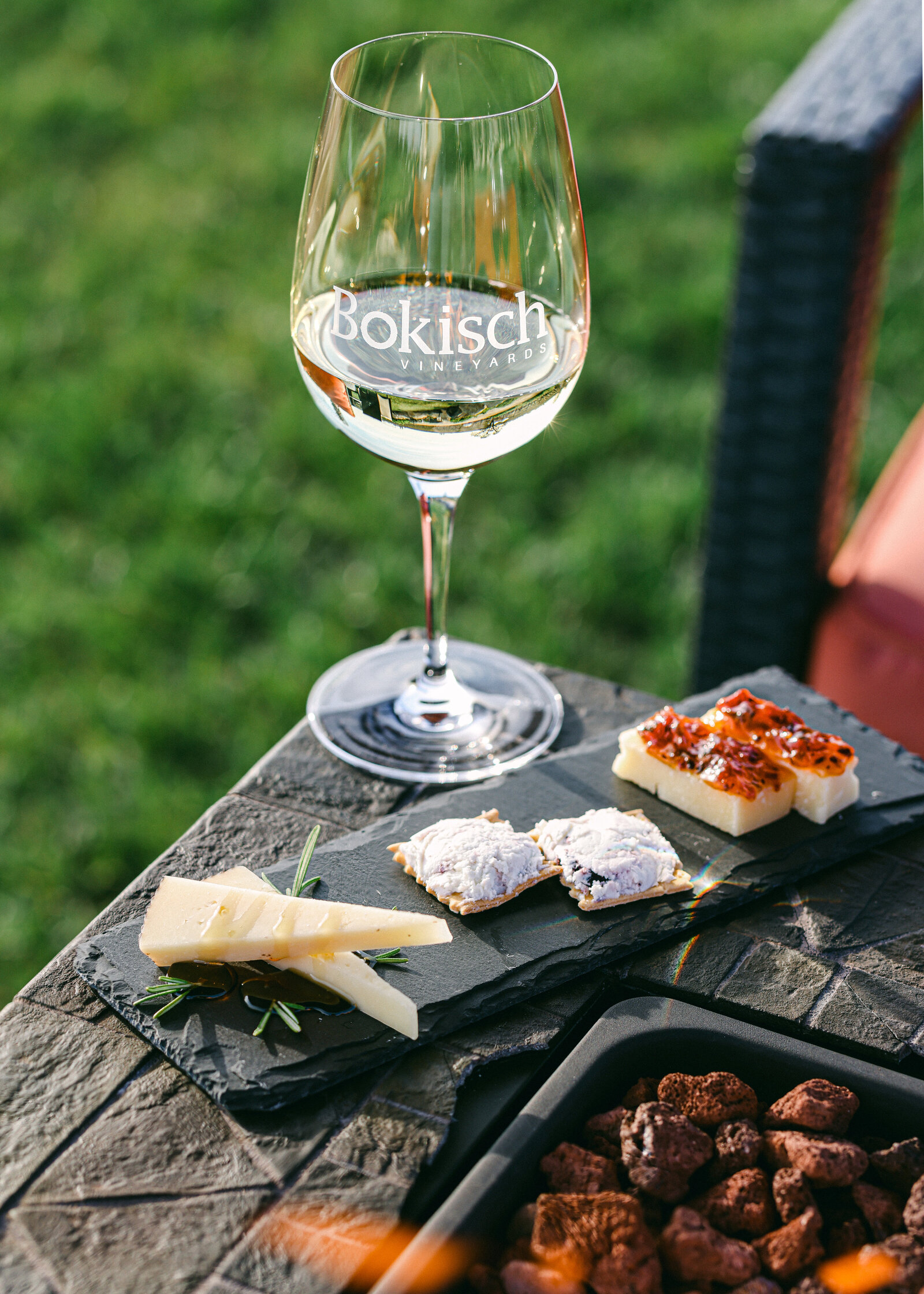 wine and cheeseboard by the firepit by food photographer Chelsea Loren