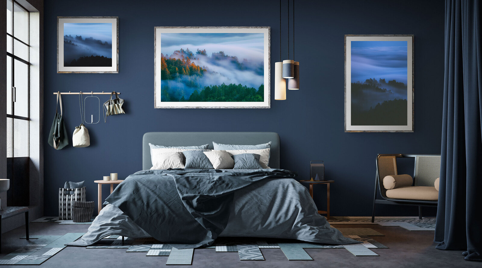 A product mockup of a bedroom to show  Seeking Venture Photo's fineart nature photography.