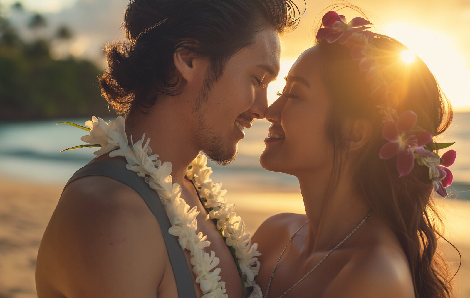 Hawaiian couple in love rubbing noses on the beach in Oahu