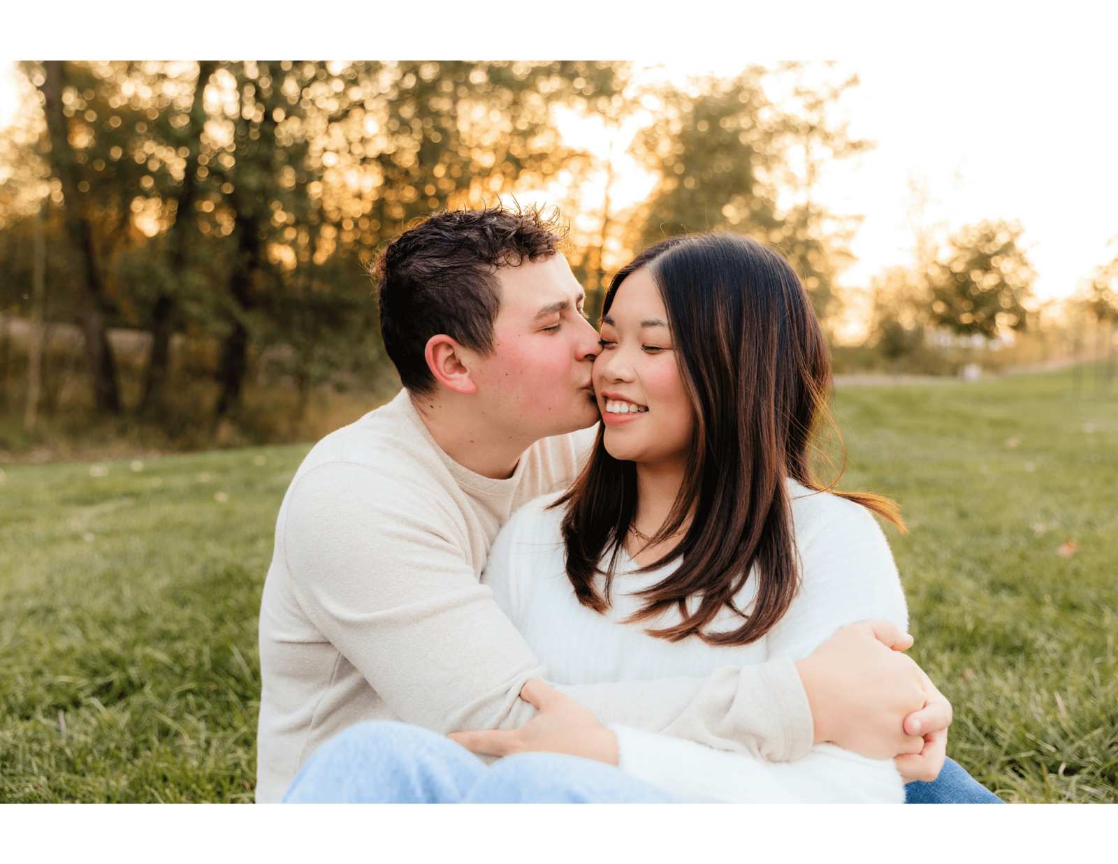 Authentic couples photoshoot in Michigan with natural light photographer Emily Rowan, capturing playful and romantic sunset moments.