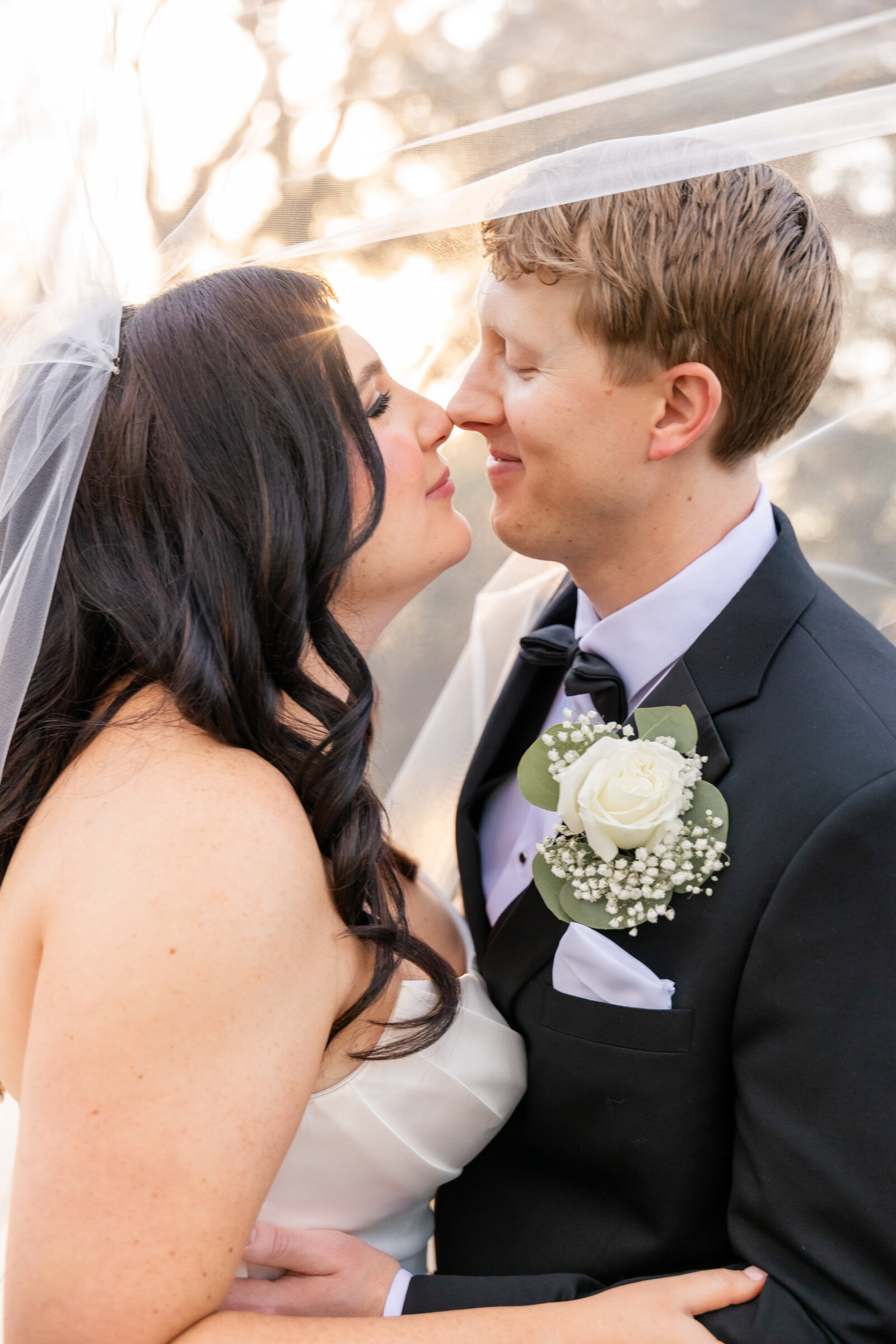 bride and groom under veil