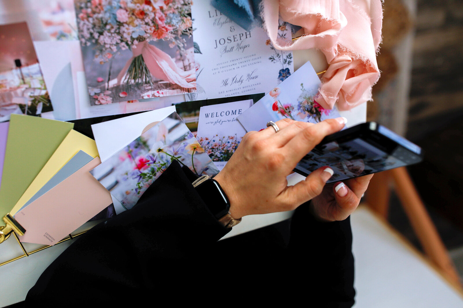 photo of a bright and colorful wedding mood board 