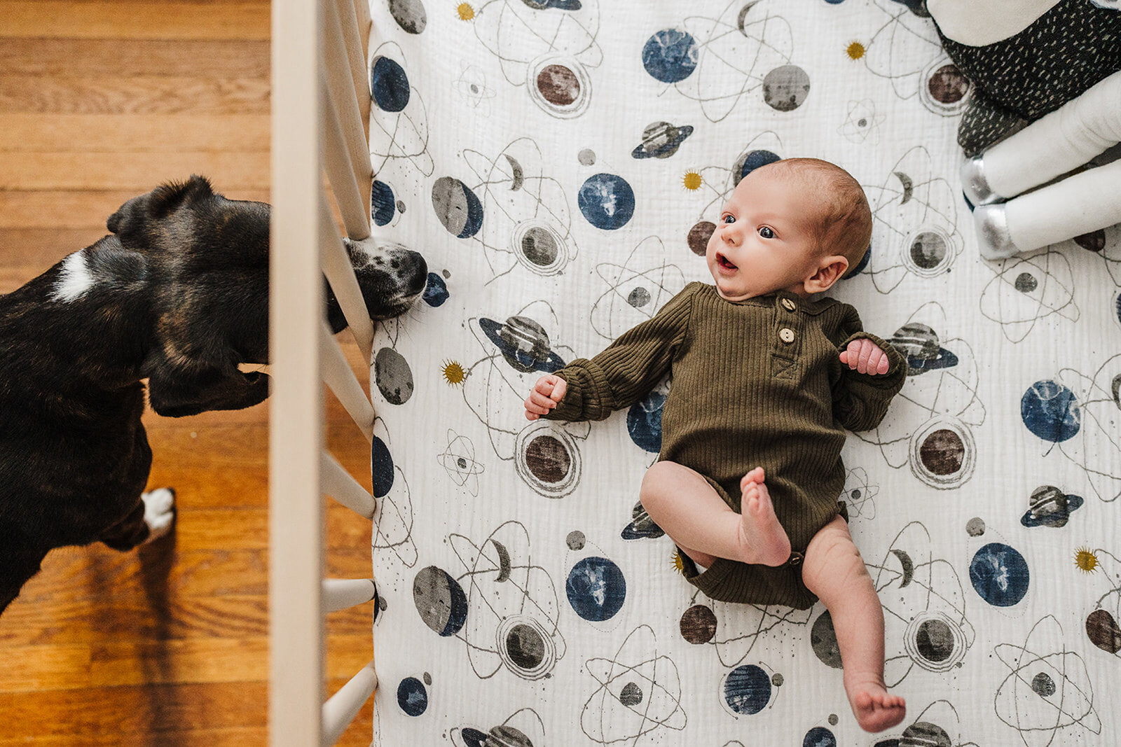 baby lies on planet crib sheets while dog peeks in