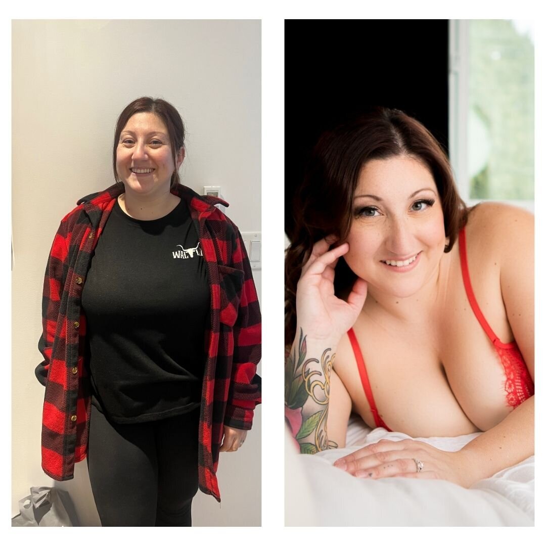 black hair woman before and after with make ups and red lingeries