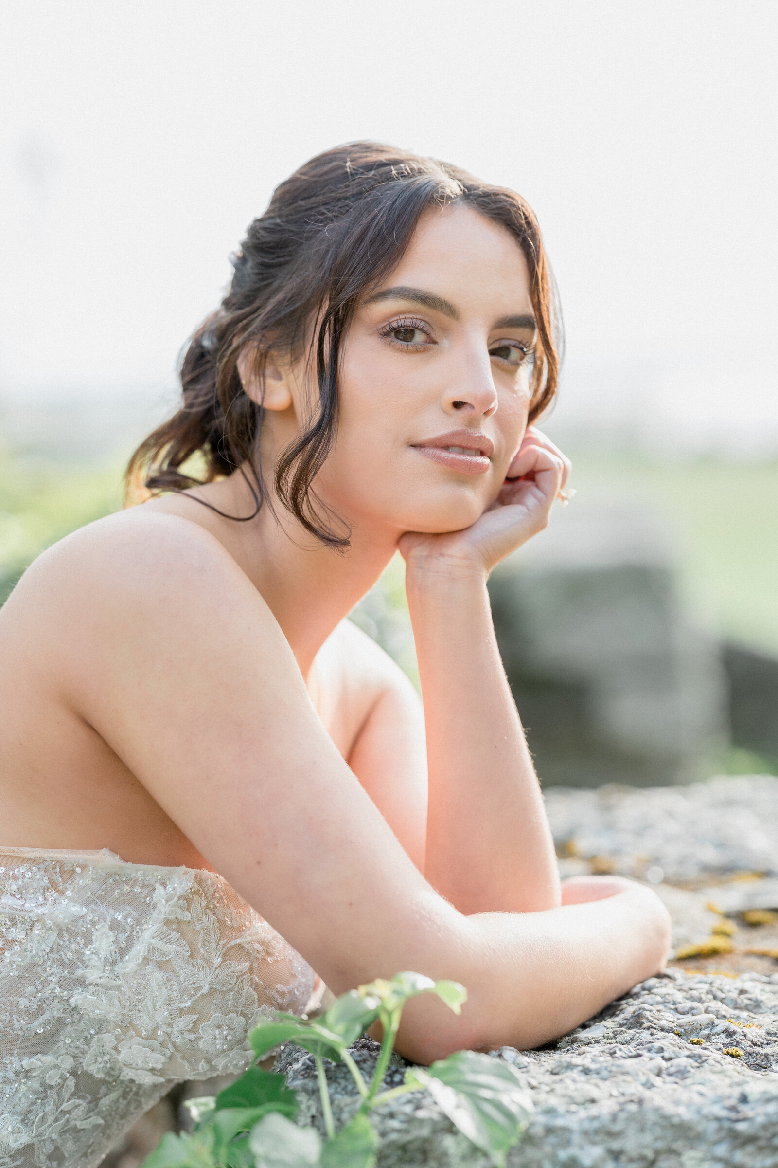 A portraits of a bride on her wedding day at Blithewold Mansion