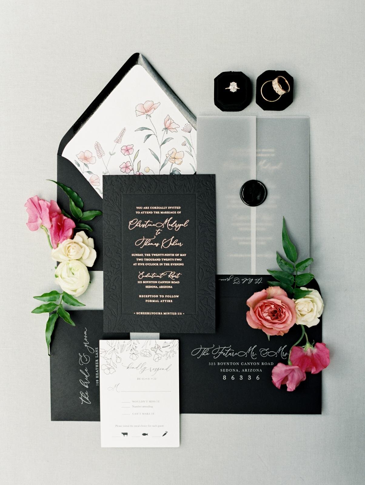 black-gold-foil-floral-wedding-invitations-sedona