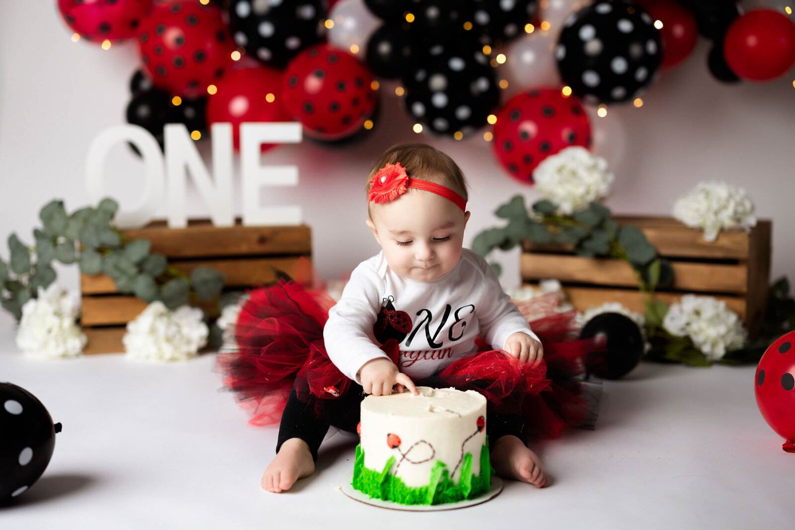 Adorable baby girl dips her finger in her smash cake  amongst a custom lady bug themed set