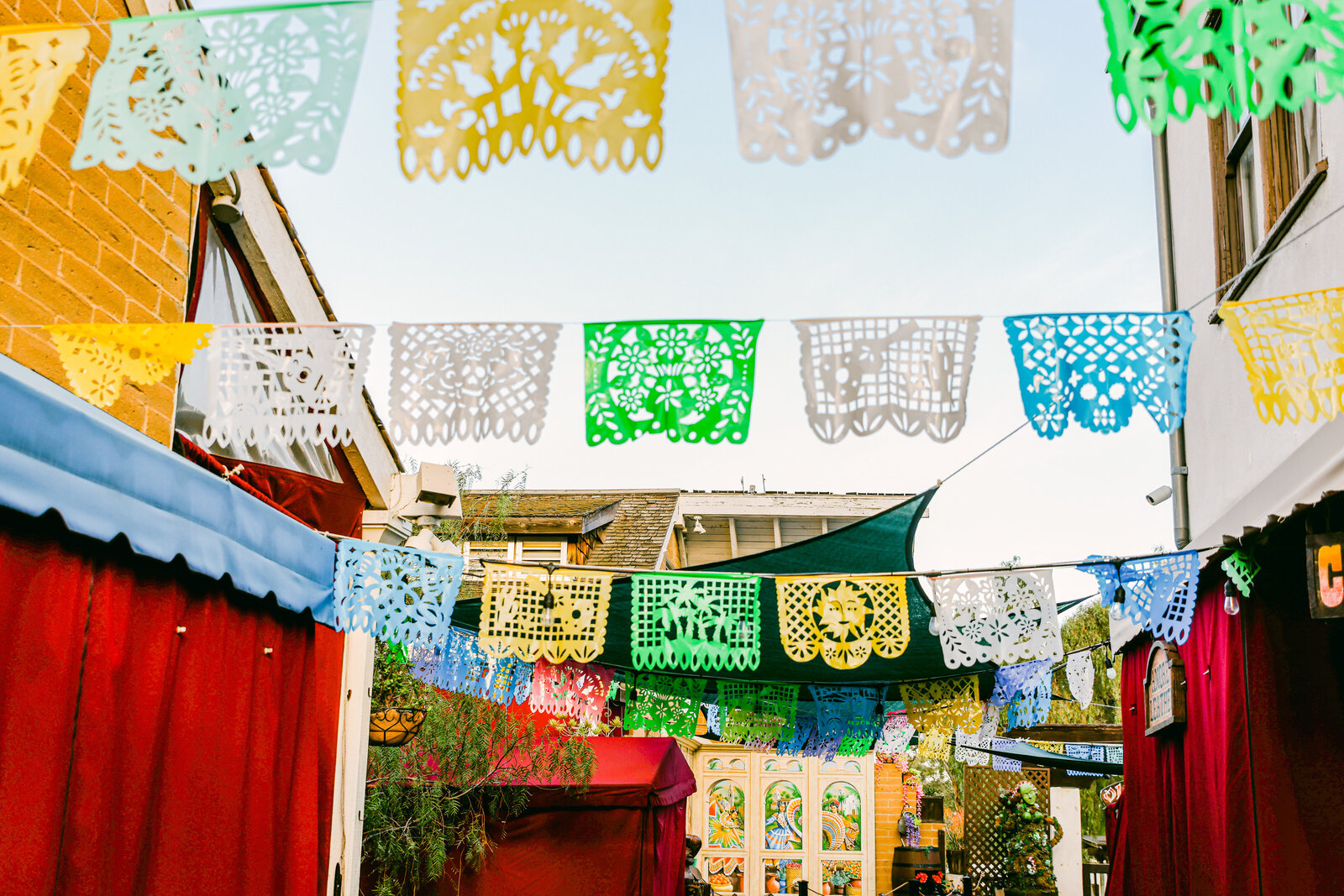 Colorful mexican flags in san diego at the old town market in the morning