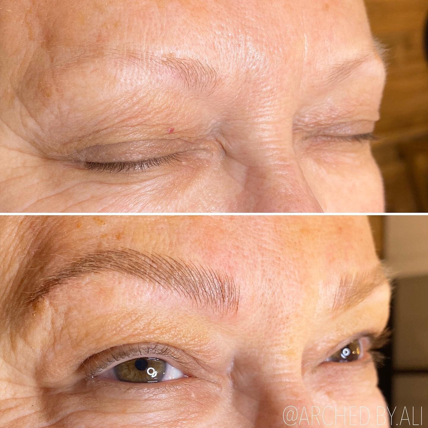 Female enhanced eyebrows that look naturally fluffy, through nicroblading services at ARCHED Coastal in Gulf Shores, Alabama.