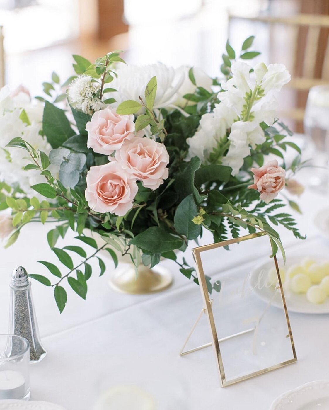 Bright white and pink floral wedding center piece by Boston florist Prose Florals