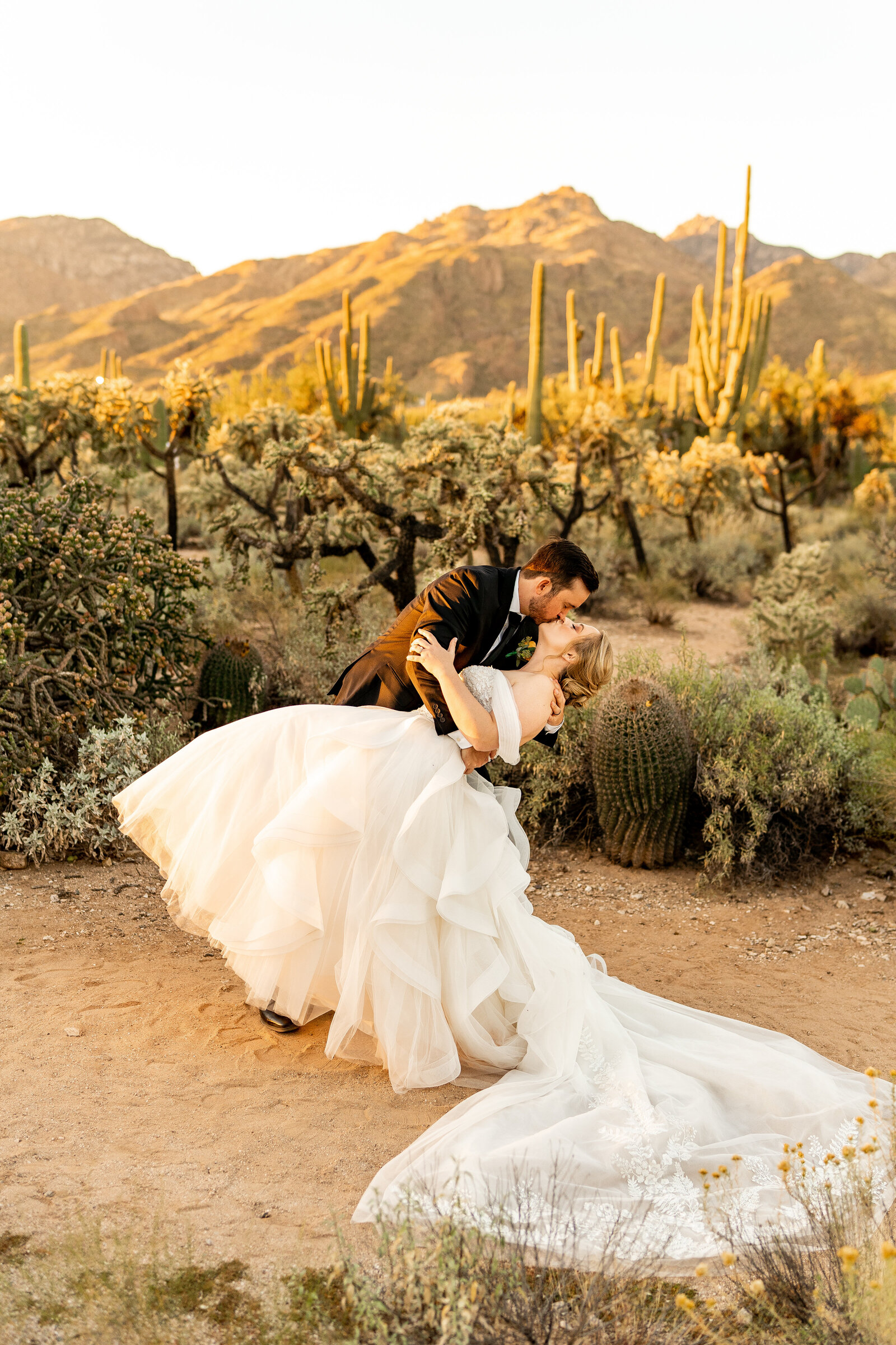 Sabino Canyon Elopement photos couple kissing in desert in front of Mount Lemmon