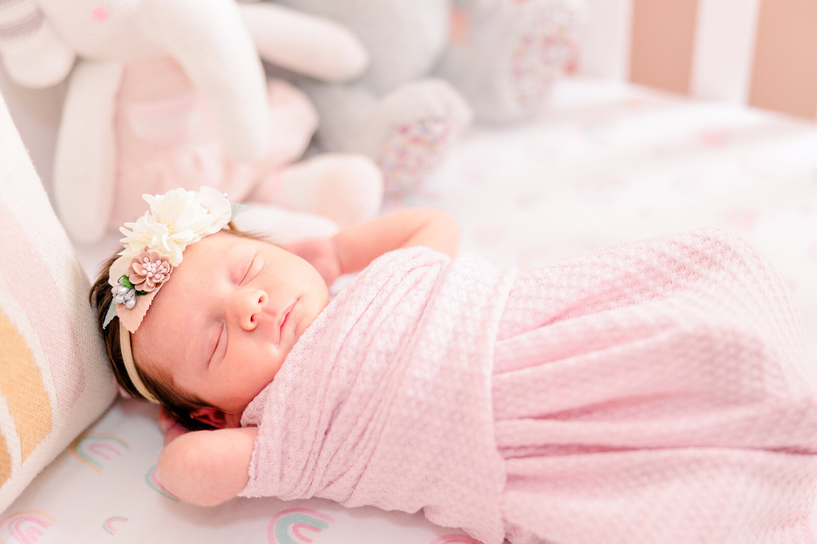 Akron newborn photographer light and airy pink baby girl swaddle