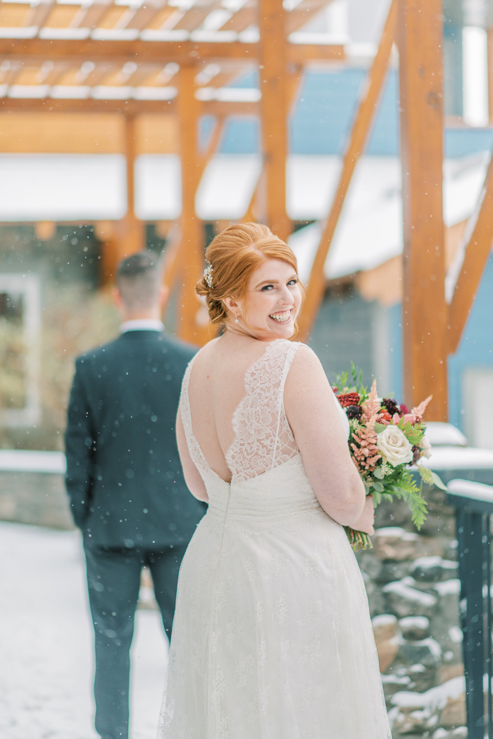 Bride and Groom first look winter wedding