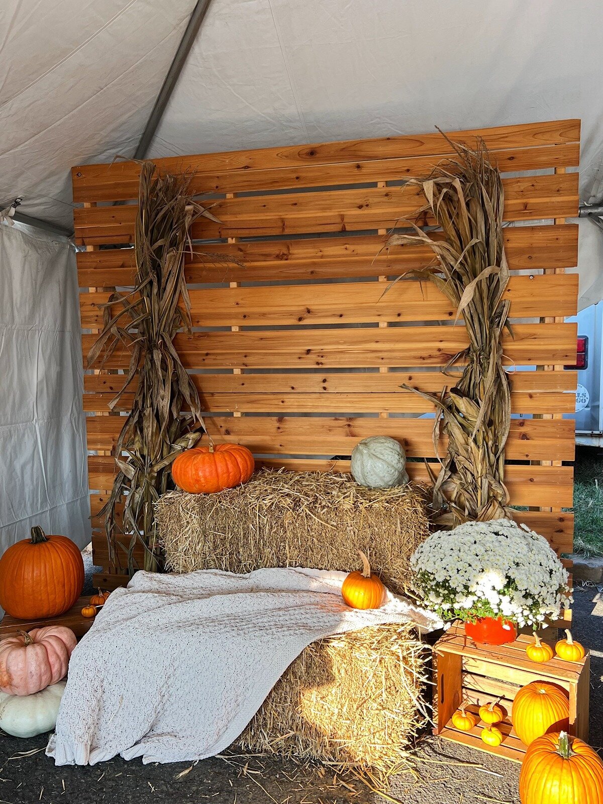 Rustic fall-inspired photo backdrop with hay bales, pumpkins, corn stalks, and seasonal flowers, styled by Yours Truly, a wedding planner and designer in New Jersey.