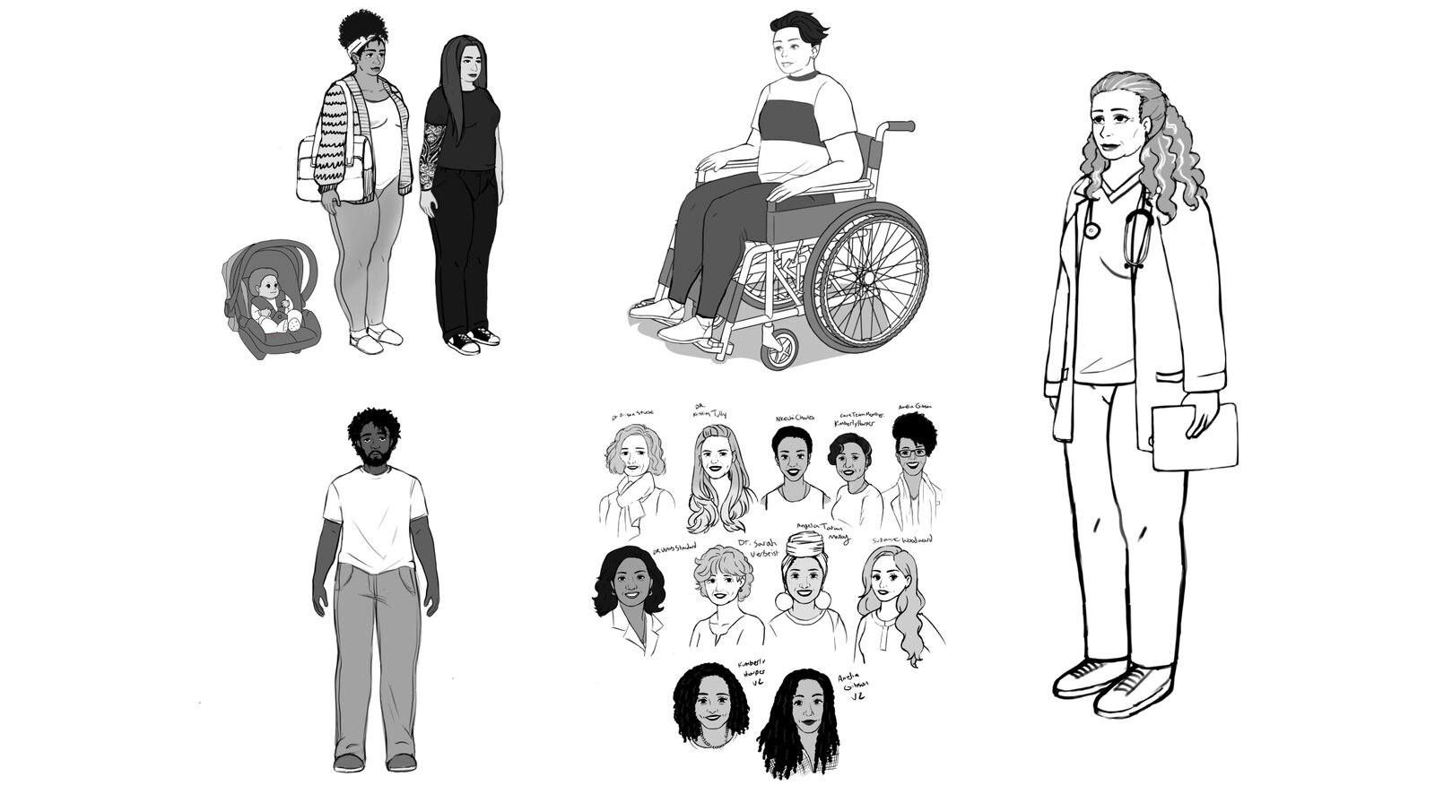 Sketches of characters in the video
