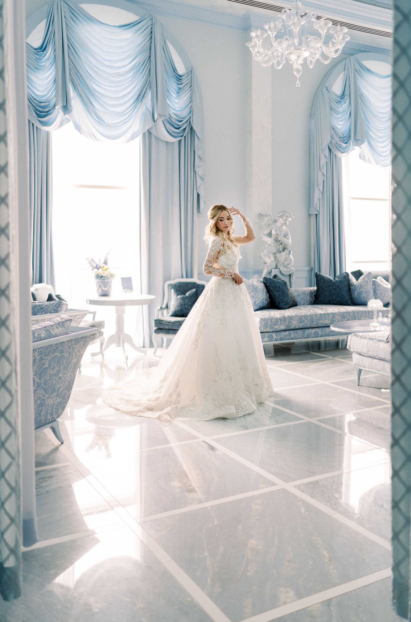 Nemacolin-Luxury-Wedding-Planner-French-Blue-Palette-Novalee-Events-Co-Romantic-Wedding-Gown-Blue-Room