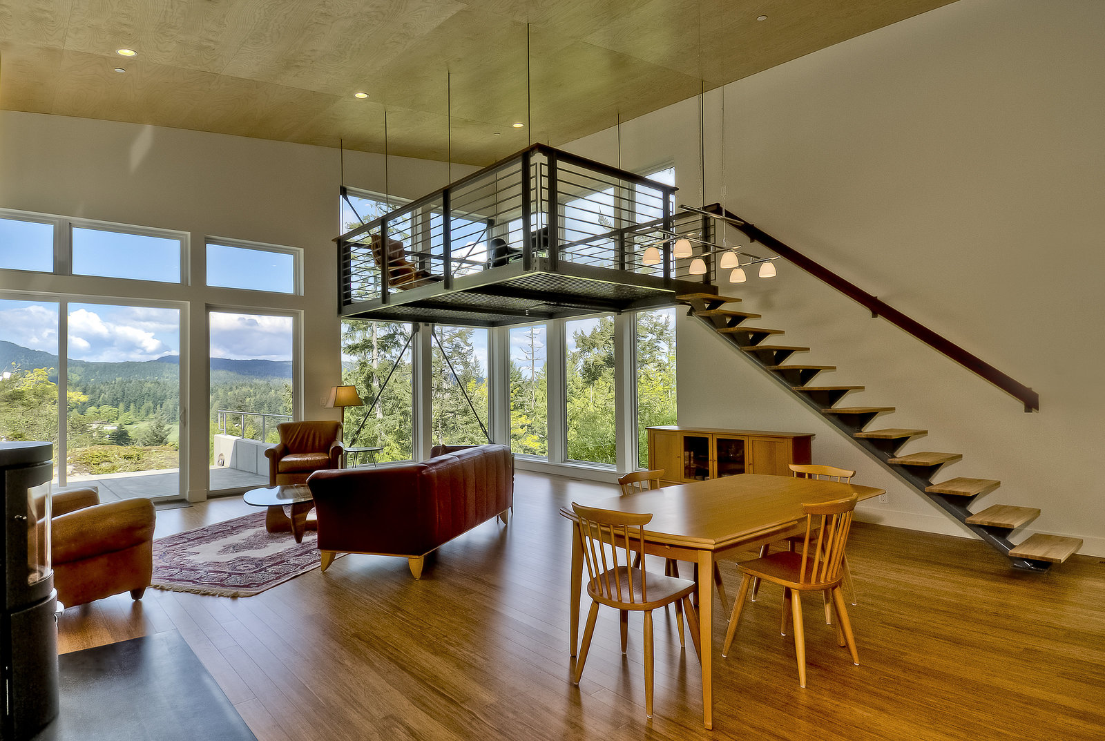 modern living room with floating staircase