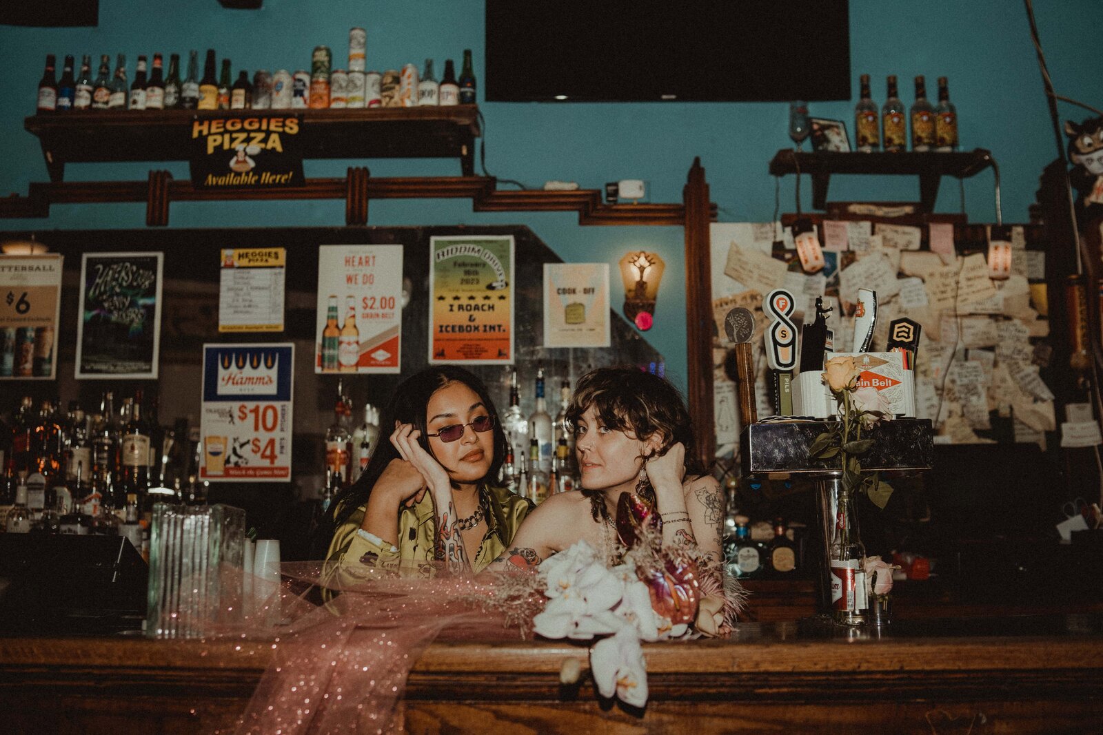Styled wedding photo at a dive bar in Minneapolis
