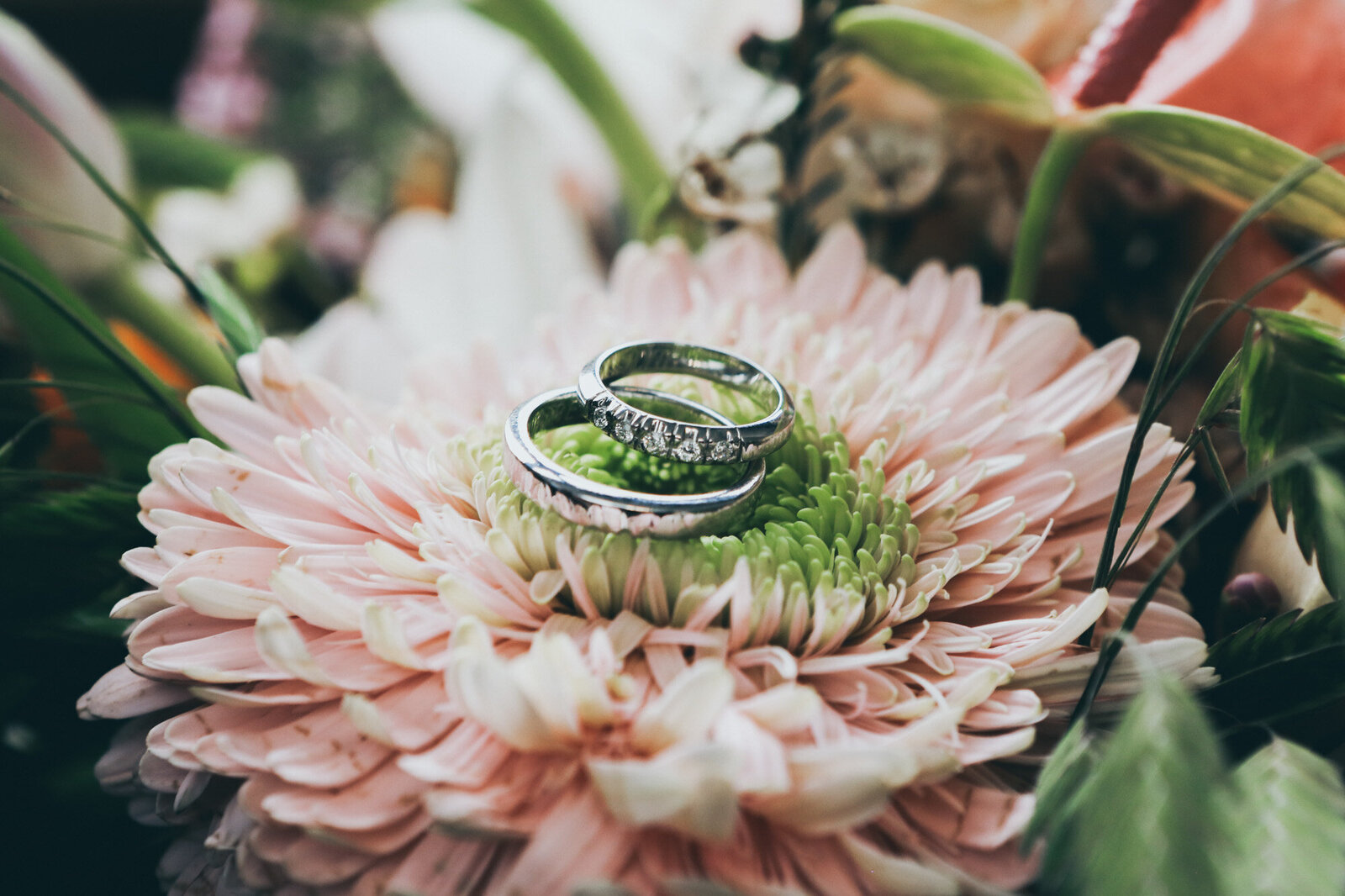 Wedding rings on top of the flower
