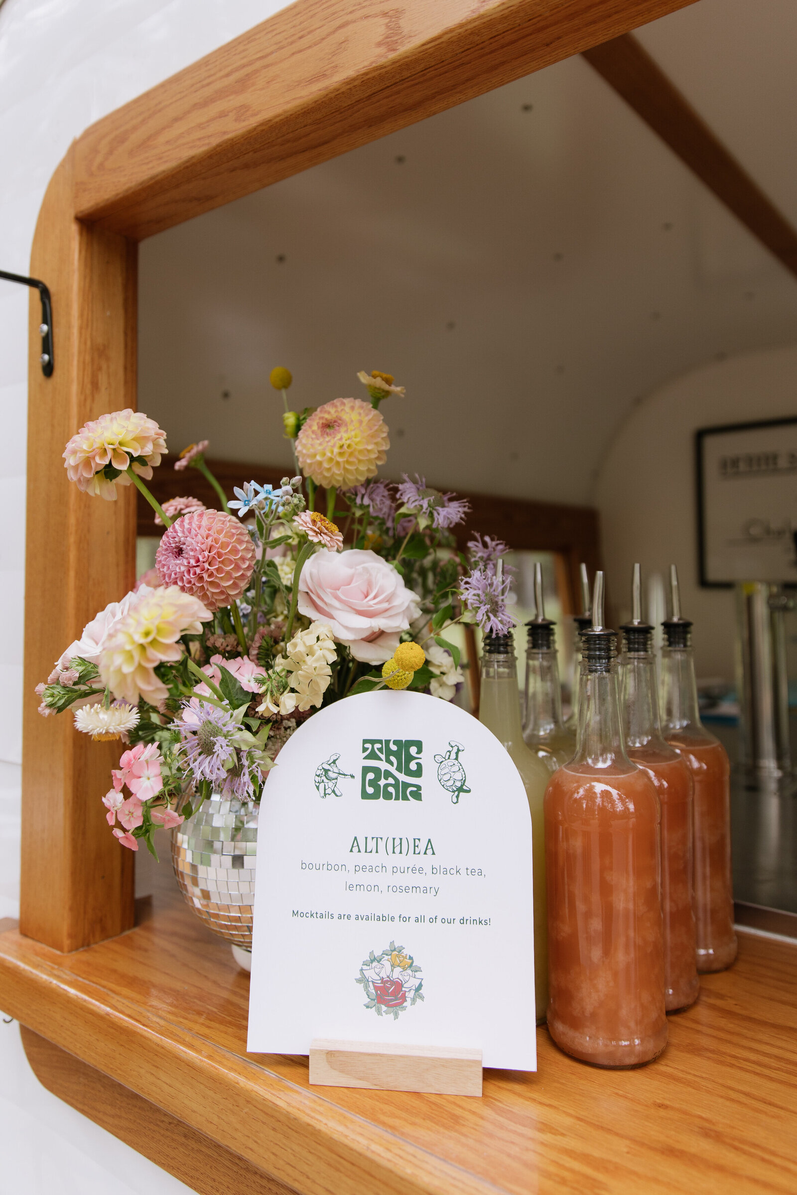 Close-up of eclectic retro details at Tahoe wedding cocktail hour