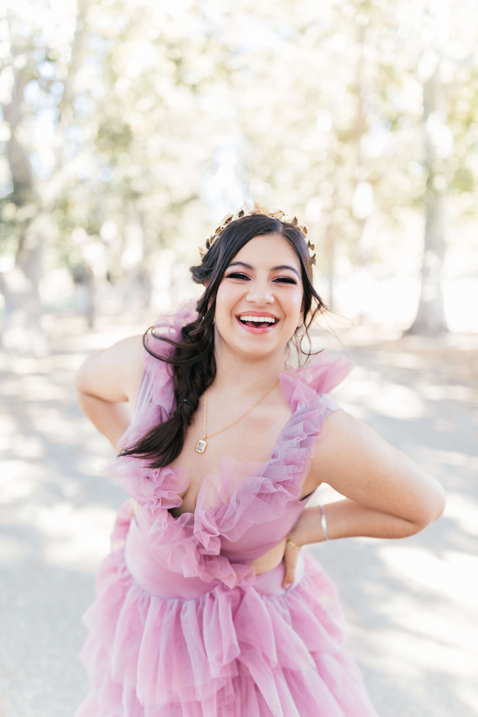 High school girl wearing whimsical flowy dress senior photo session