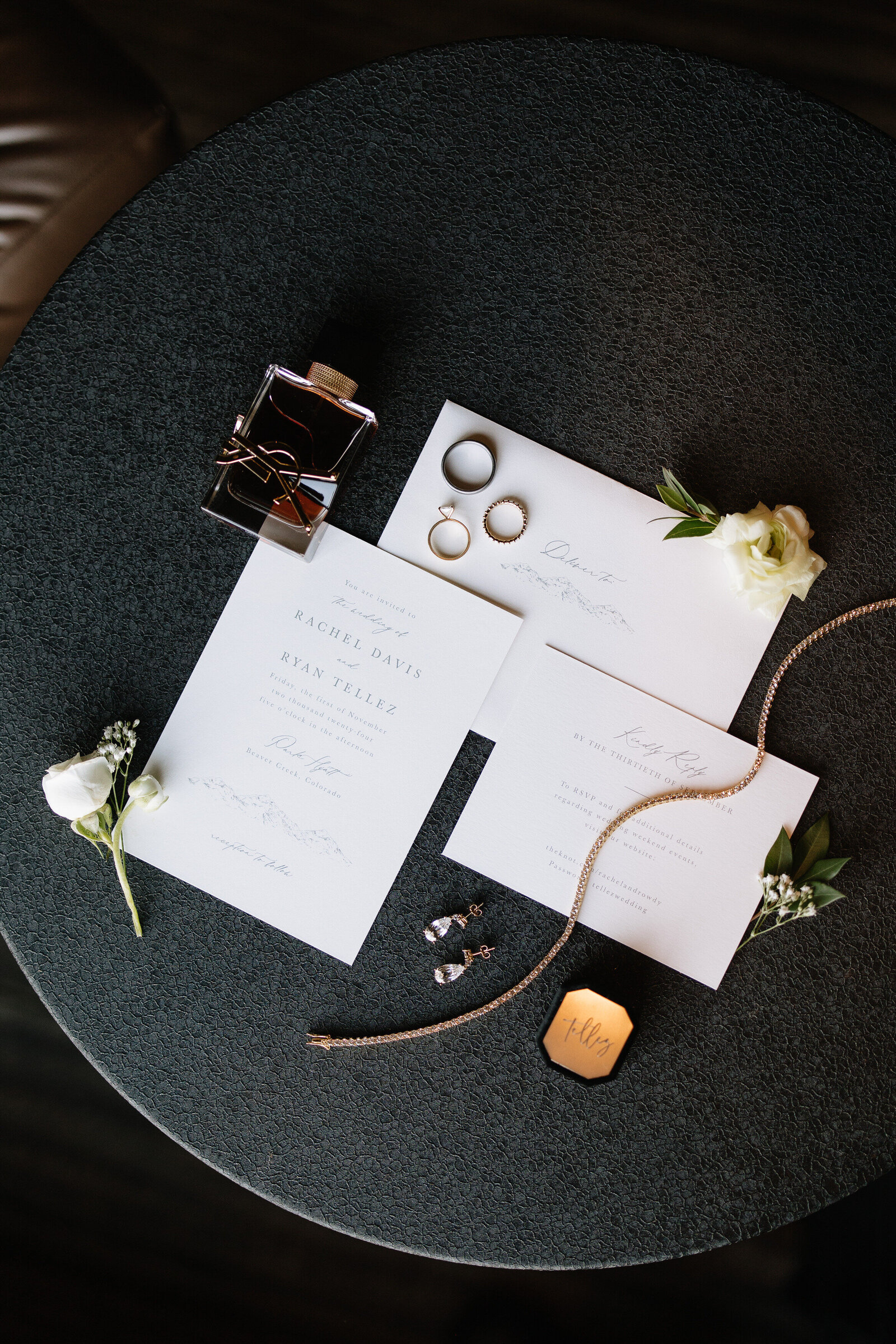 Wedding stationary and bridal detail flatlay by Sun Valley Wedding Photographer